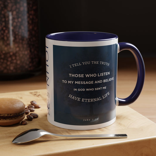John 5:24 scripture mug by Logos Co. with Bible verse on a blue background and a dark blue handle