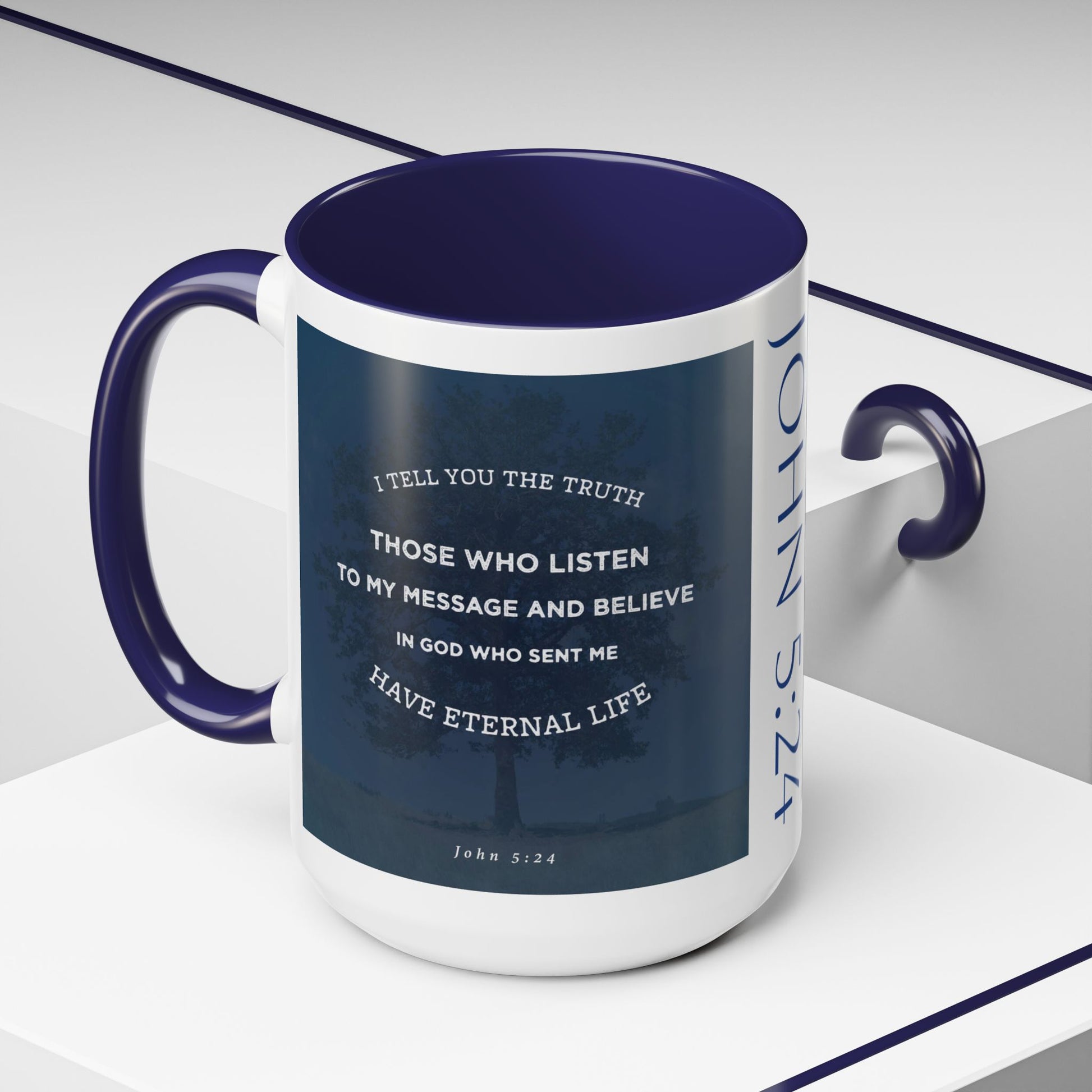 John 5:24 scripture mug with navy blue handle and inspirational Bible verse design 15 oz