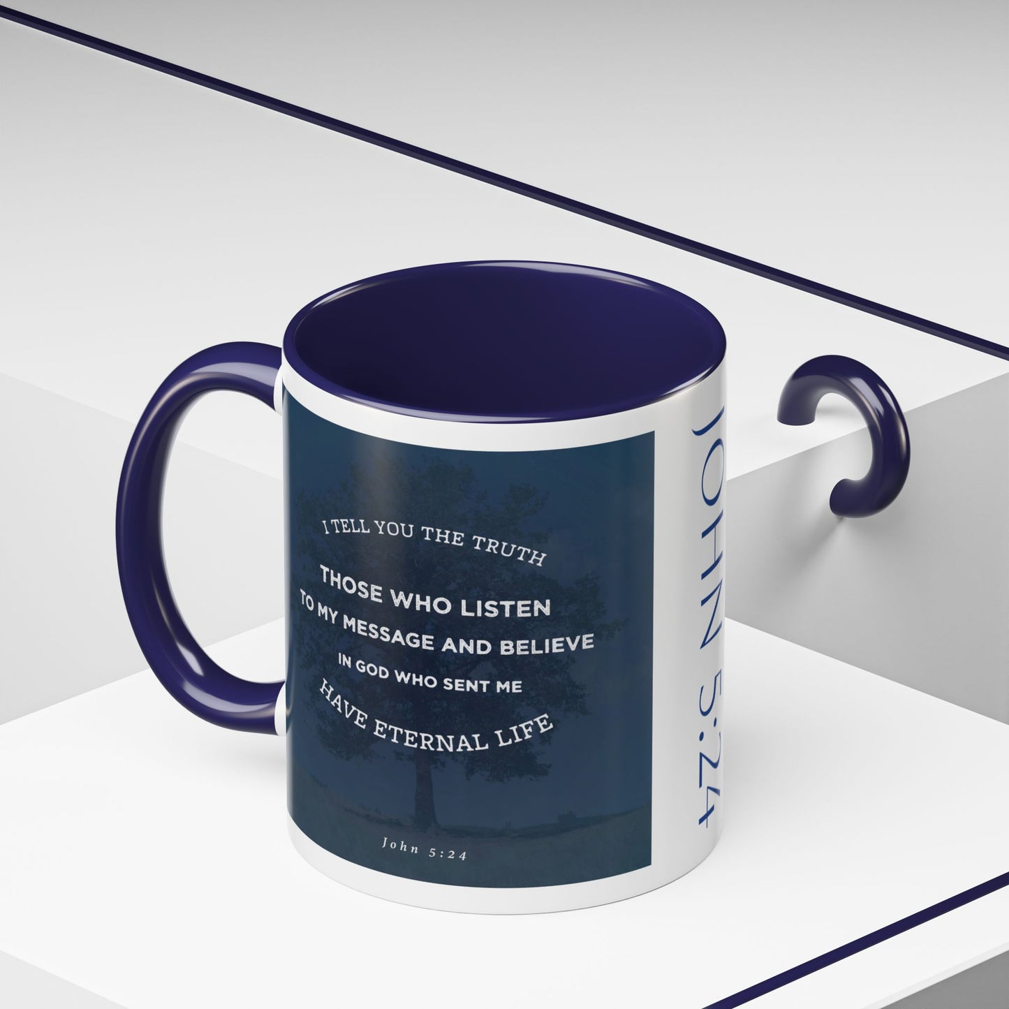 John 5:24 scripture mug with blue interior and handle featuring inspirational Bible verse