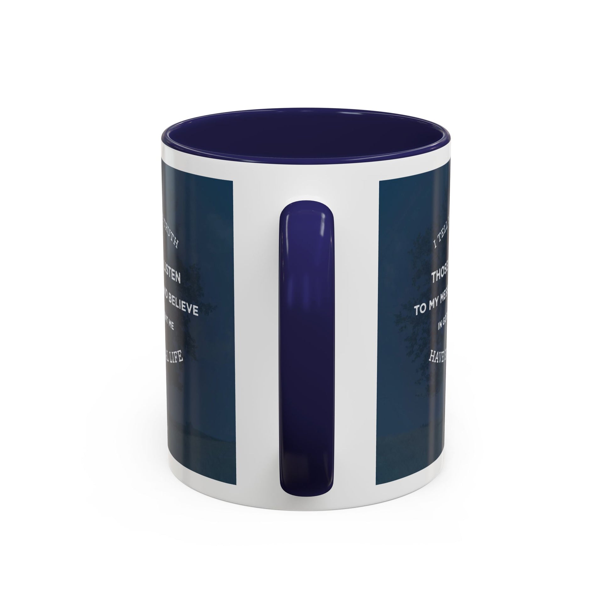 John 5:24 scripture mug by Logos with dark blue interior and handle featuring Bible verse design
