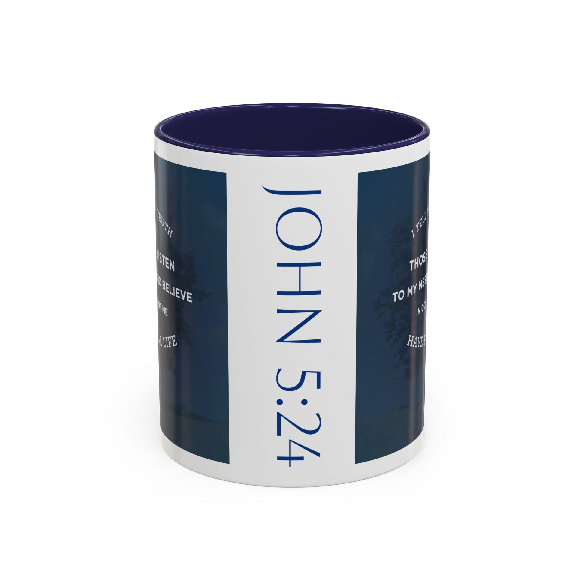 Logos Co. John 5:24 Scripture mug with navy blue interior and inspirational Bible verse design in 11 oz