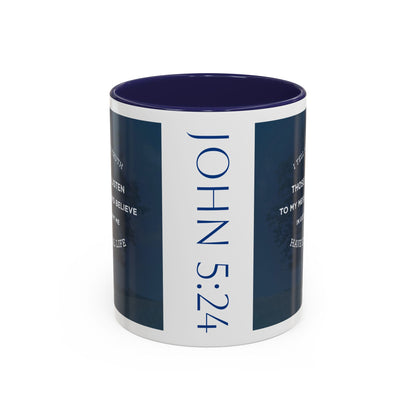 Logos Co. John 5:24 Scripture mug with navy blue interior and inspirational Bible verse design in 11 oz