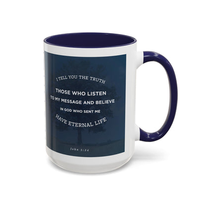 John 5:24 scripture mug with blue interior and handle featuring an inspirational Bible verse