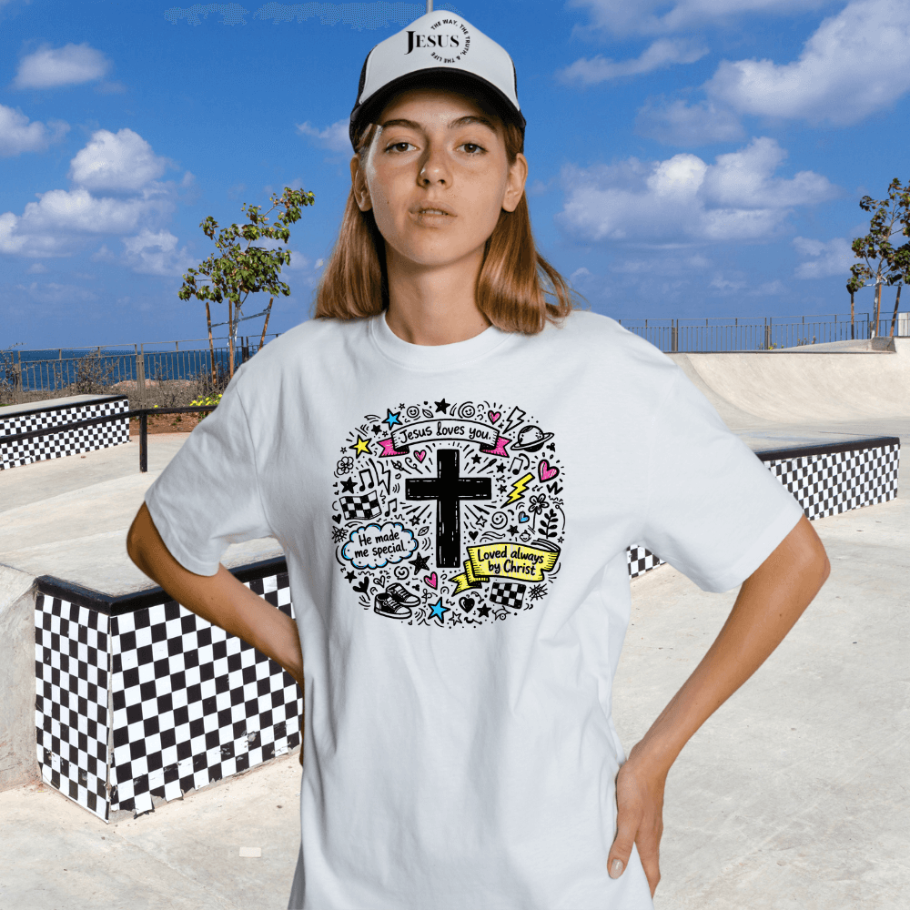 Junior Girls Cross Doodle Tee Fearfully & Wonderfully Made T-Shirt in white, front view with colorful doodles and cross design