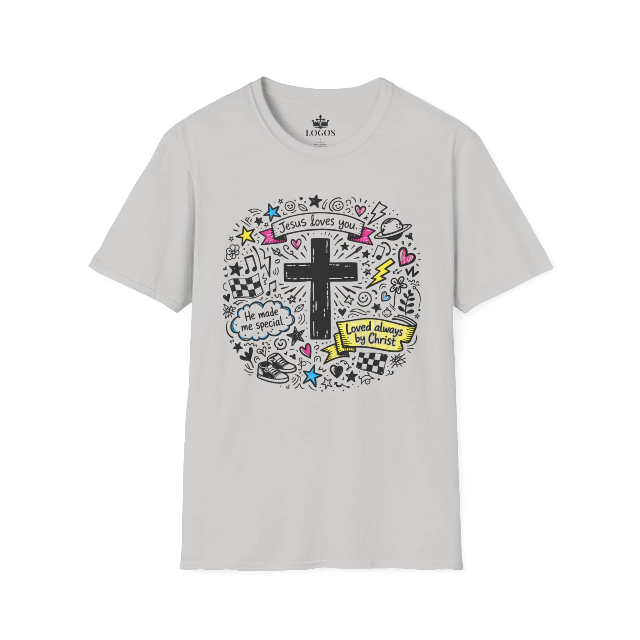Junior Girls Cross Doodle Tee Fearfully & Wonderfully Made T-Shirt in grey with front graphic design