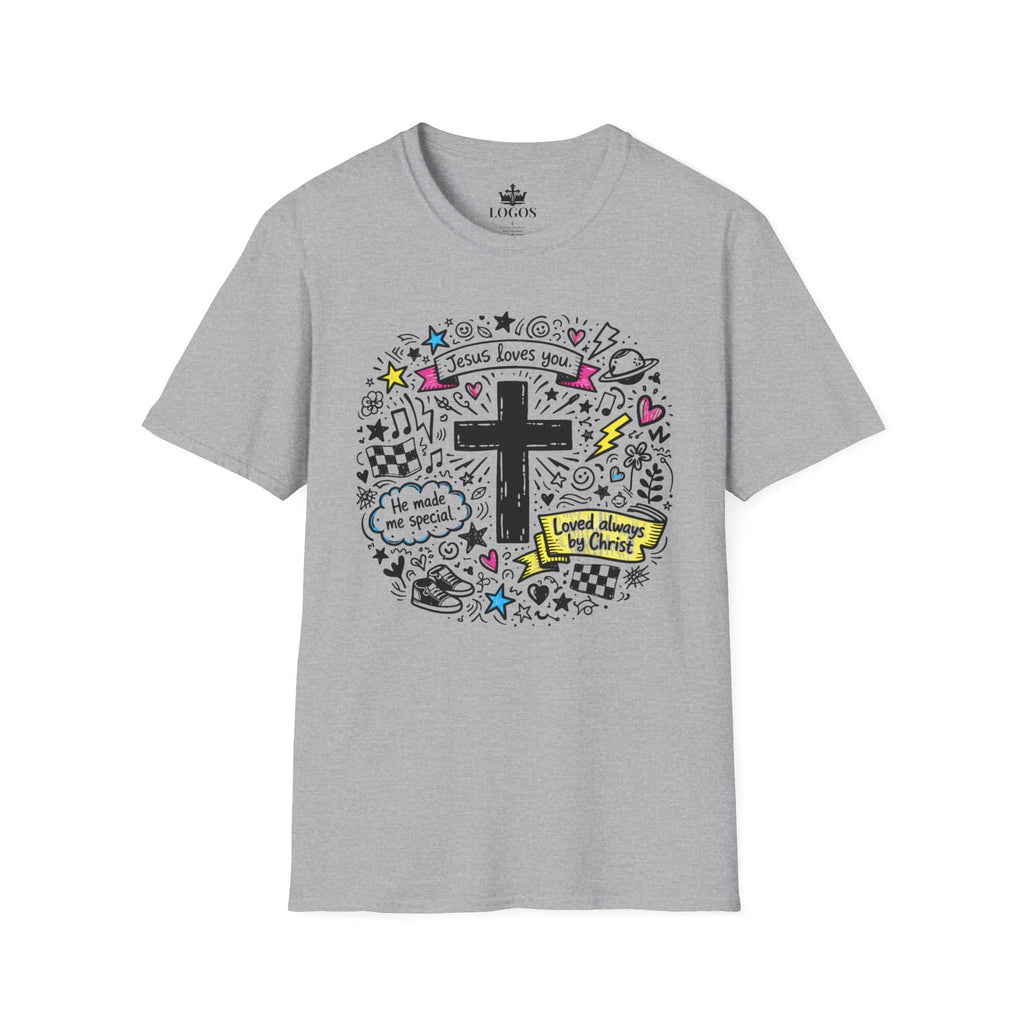 Junior Girls Cross Doodle Tee Fearfully & Wonderfully Made T-Shirt in gray with front design featuring colorful graphics