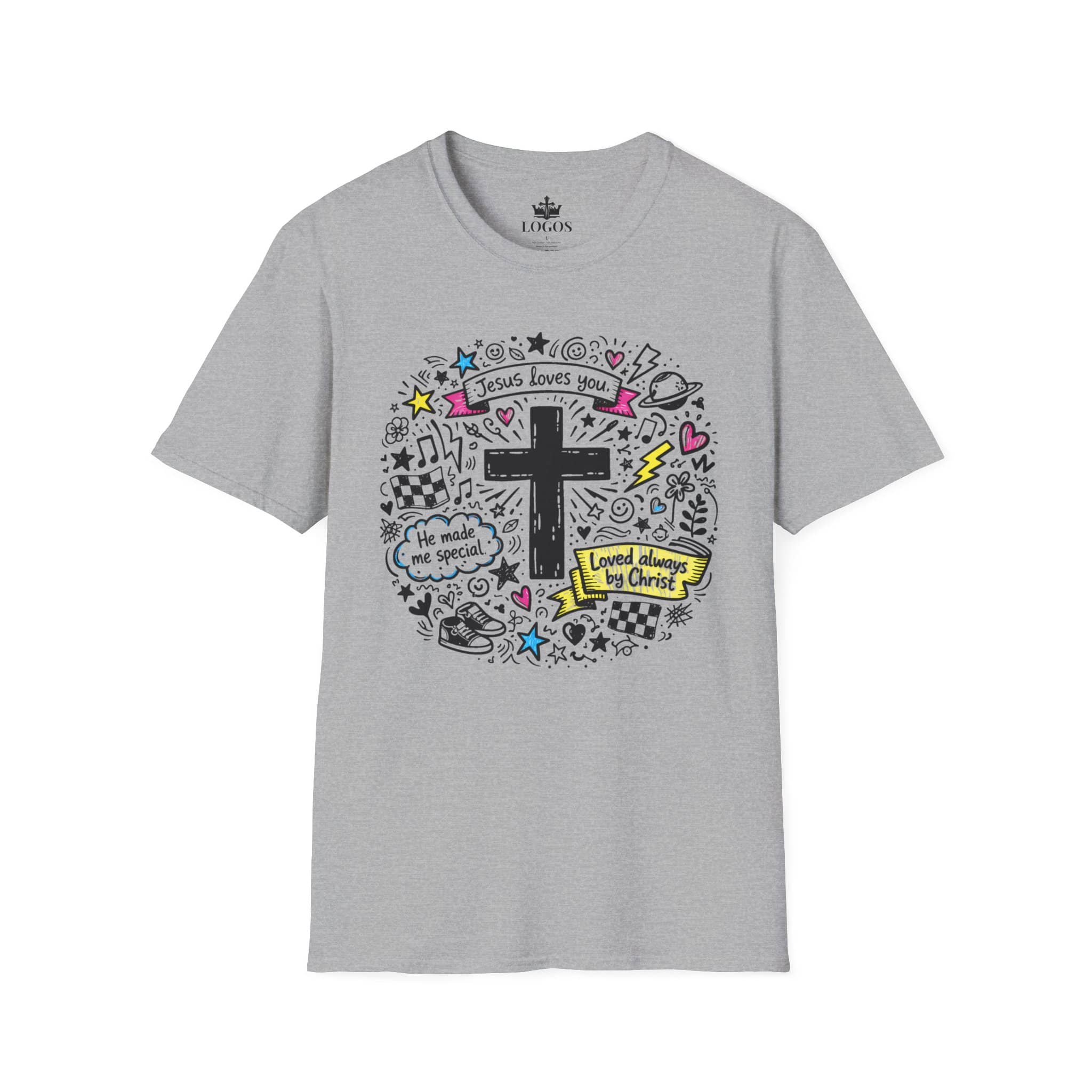 Junior Girls Cross Doodle Tee Fearfully & Wonderfully Made T-Shirt in gray with front design featuring colorful graphics