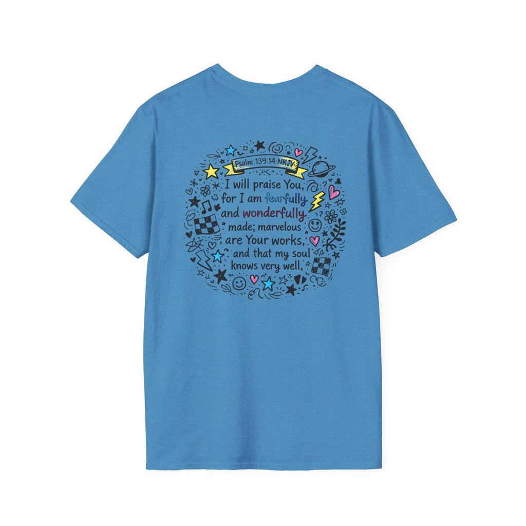 Junior Girls Cross Doodle Tee Fearfully & Wonderfully Made T-Shirt in blue with back view showing scripture design