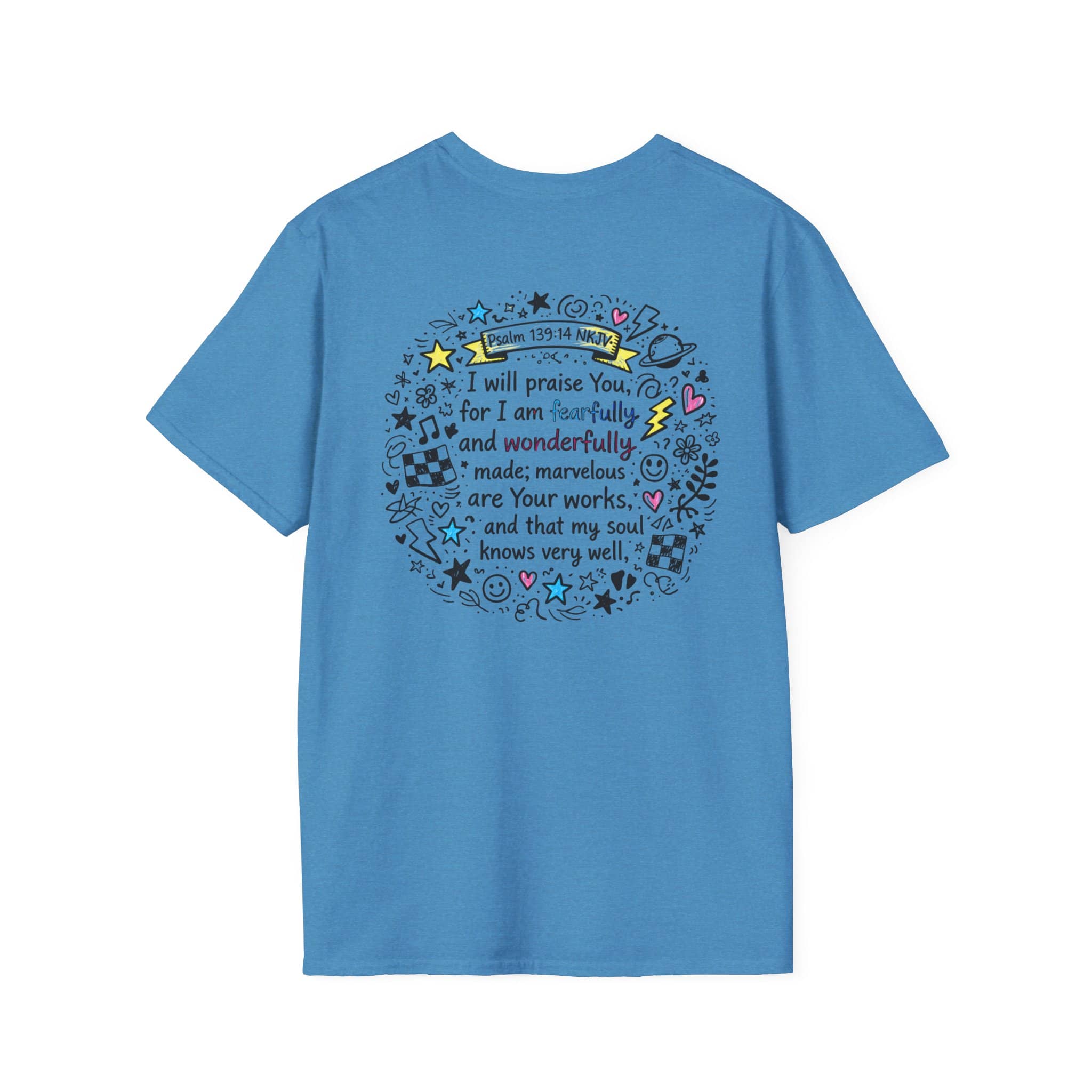 Junior Girls Cross Doodle Tee Fearfully & Wonderfully Made T-Shirt in blue with back view showing scripture design