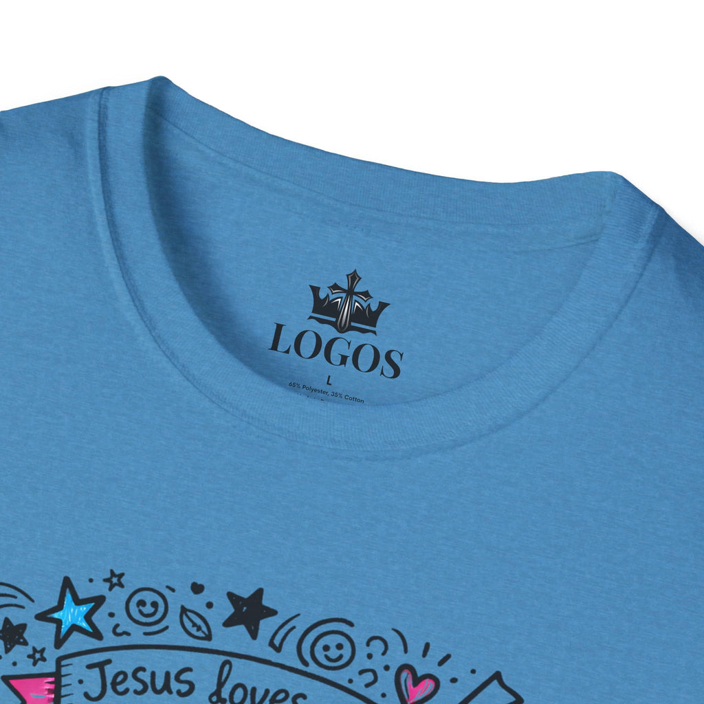 Junior Girls Cross Doodle Tee Fearfully & Wonderfully Made T-Shirt in blue, front view with fun designs and uplifting message.