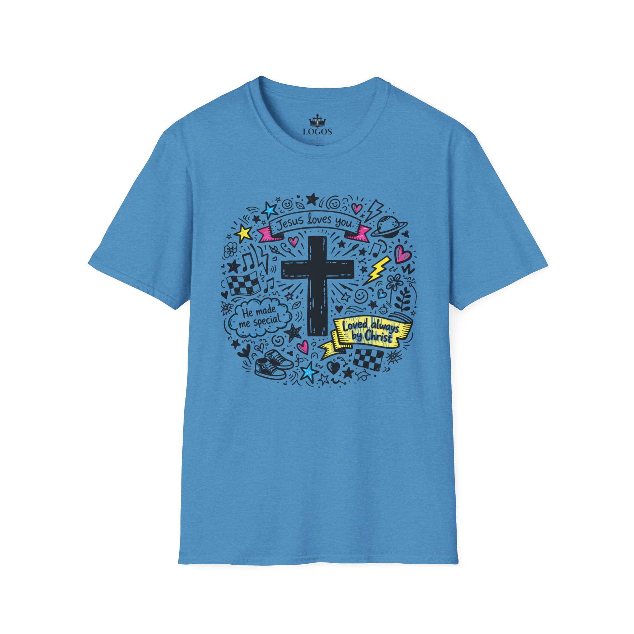 Junior Girls Cross Doodle Tee Fearfully & Wonderfully Made T-Shirt in blue with front graphic design