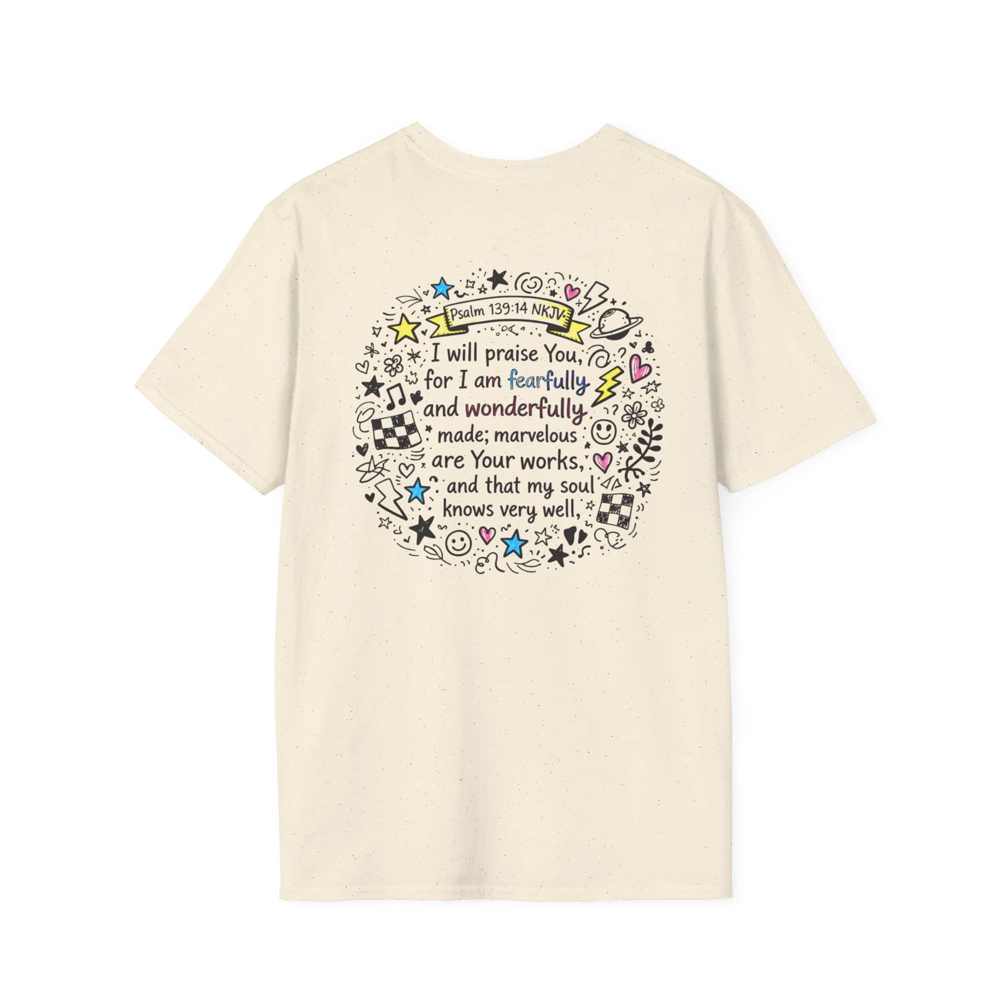 Junior Girls Cross Doodle Tee Fearfully & Wonderfully Made T-Shirt in cream with back design featuring Psalm 139:14