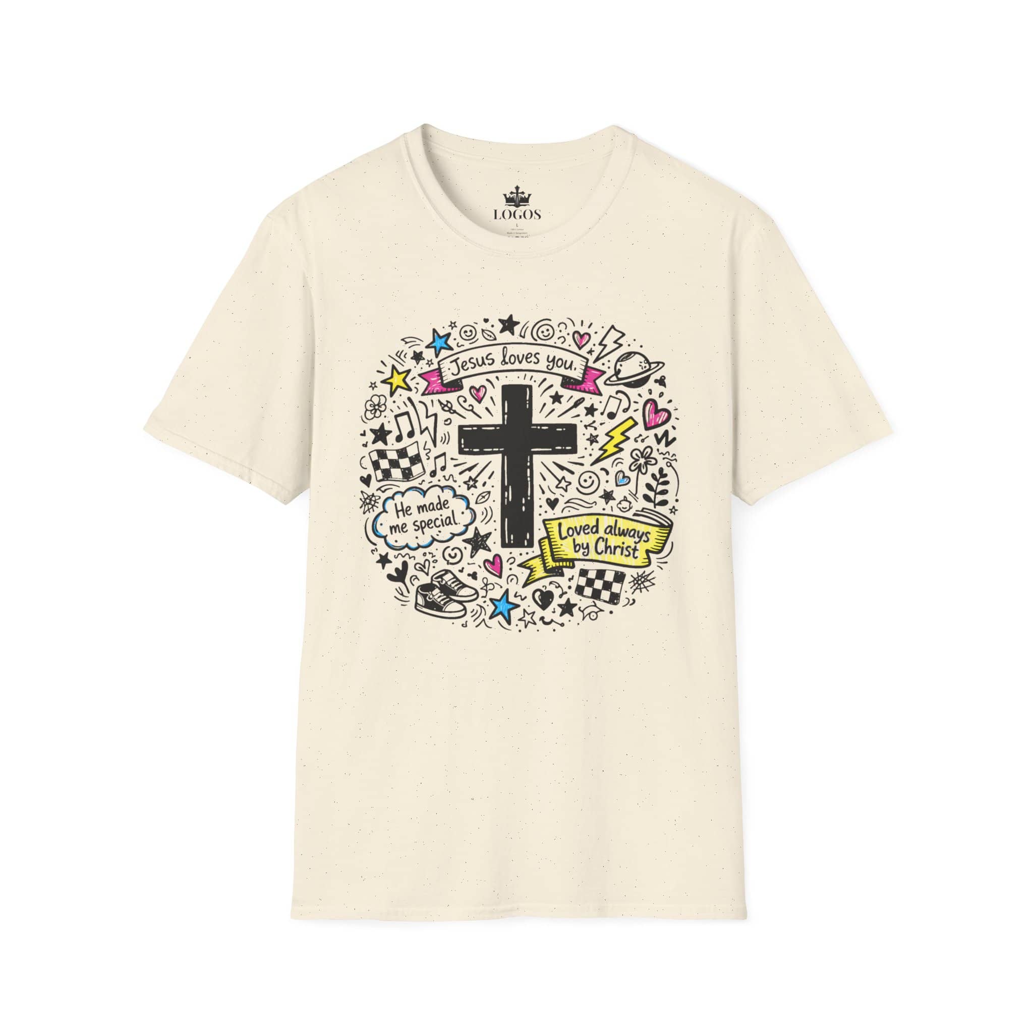 Junior Girls Cross Doodle Tee Fearfully & Wonderfully Made T-Shirt in cream with front design featuring colorful doodles