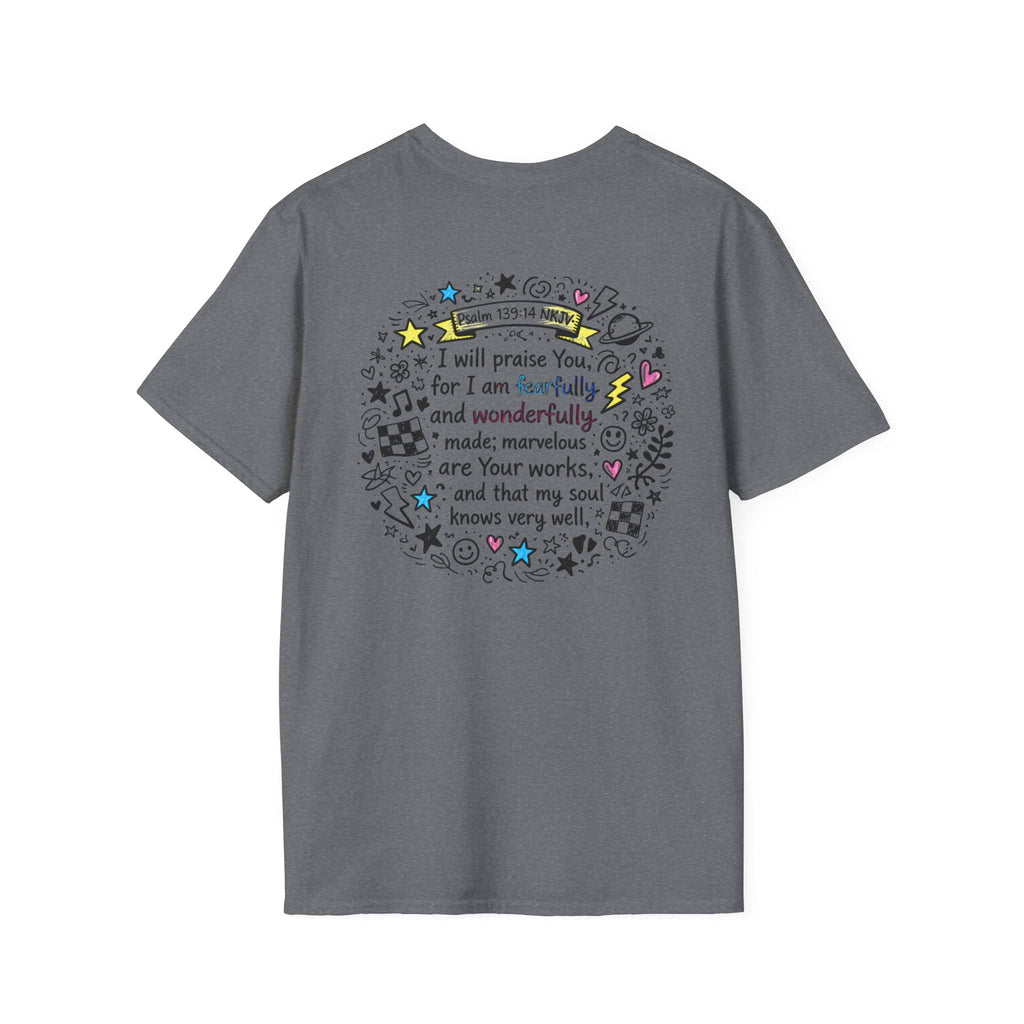 Junior Girls Cross Doodle Tee Fearfully & Wonderfully Made T-Shirt in gray featuring inspirational back design