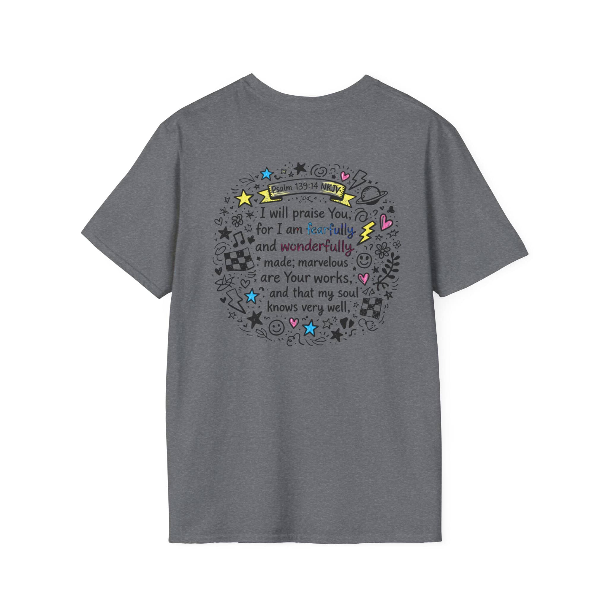 Junior Girls Cross Doodle Tee Fearfully & Wonderfully Made T-Shirt in gray featuring inspirational back design