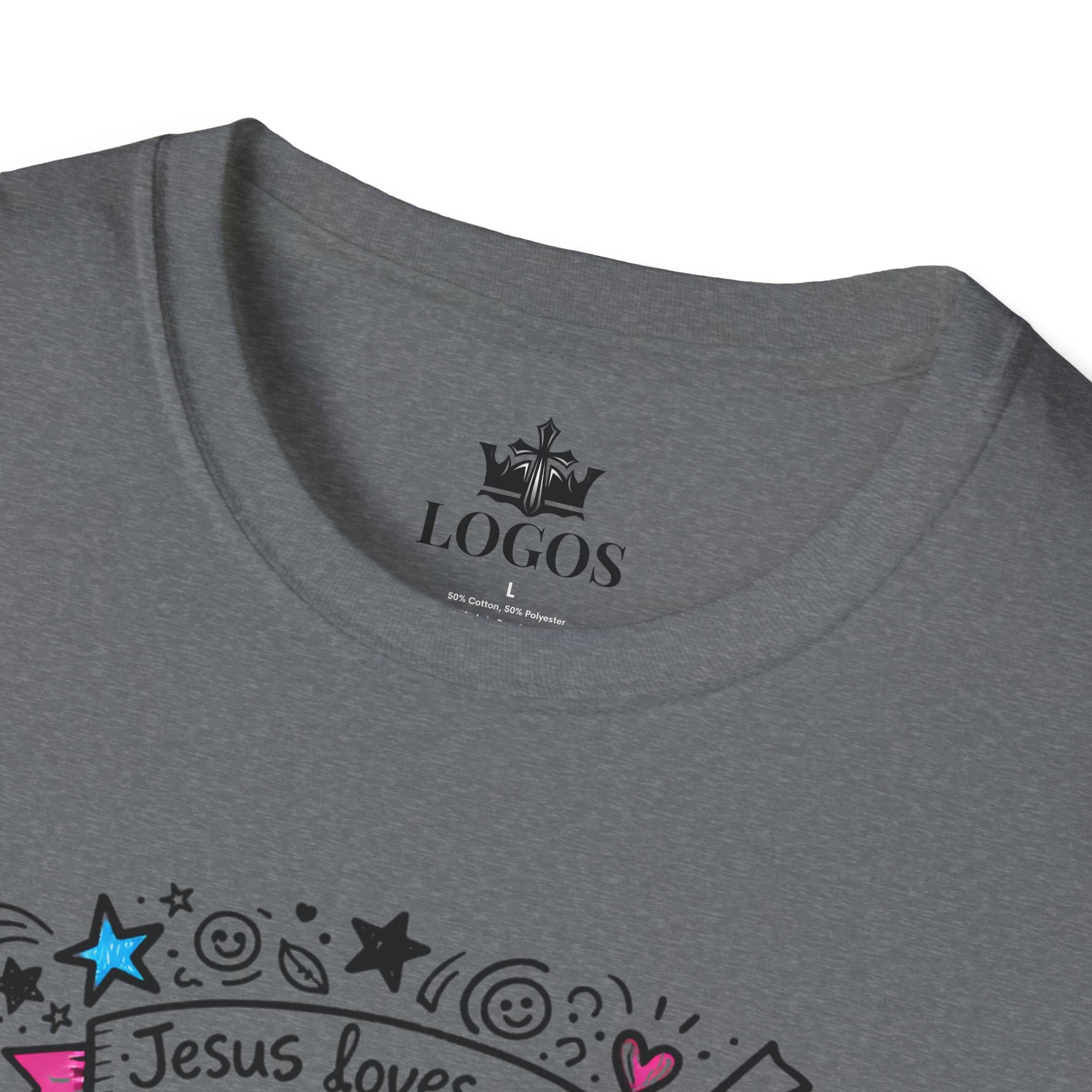 Junior Girls Cross Doodle Tee Fearfully & Wonderfully Made T-Shirt in gray with front design featuring colorful doodles