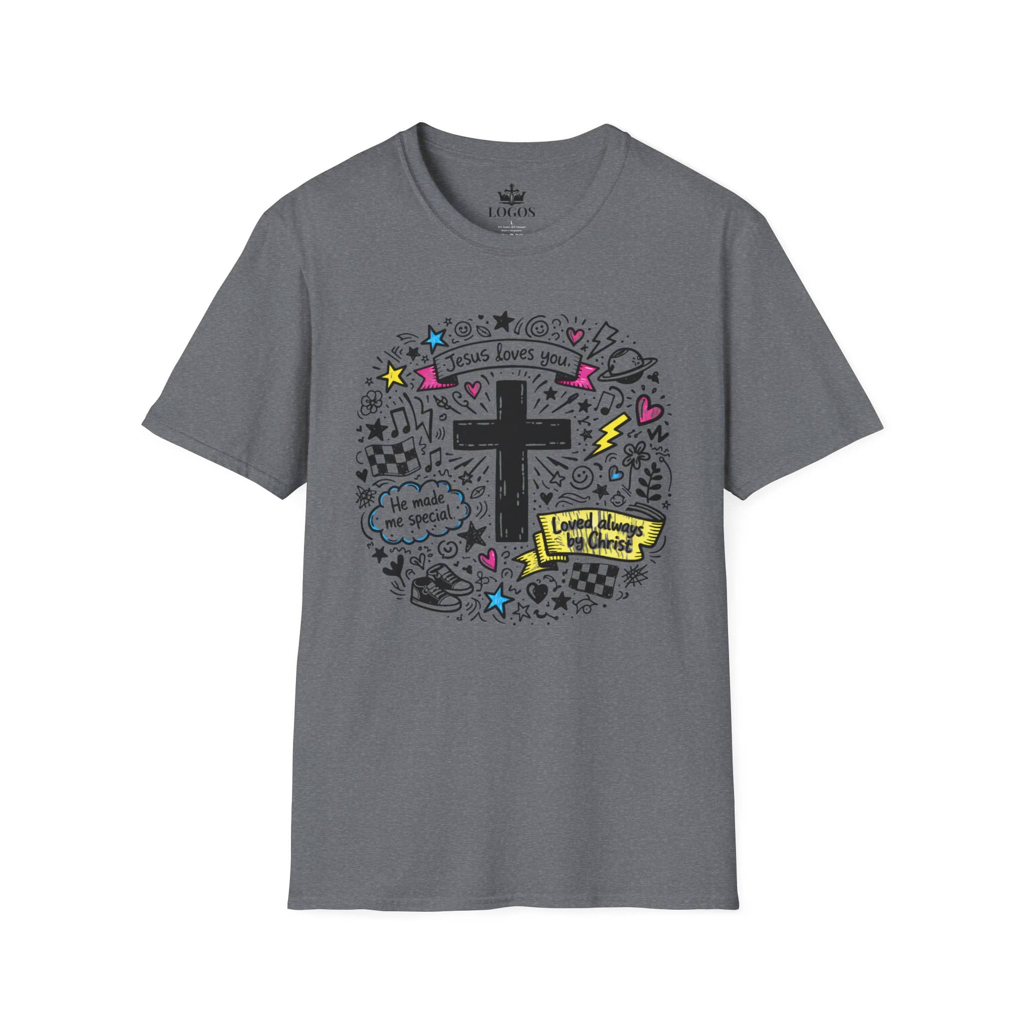 Junior Girls Cross Doodle Tee Fearfully & Wonderfully Made T-Shirt in gray with front graphic design
