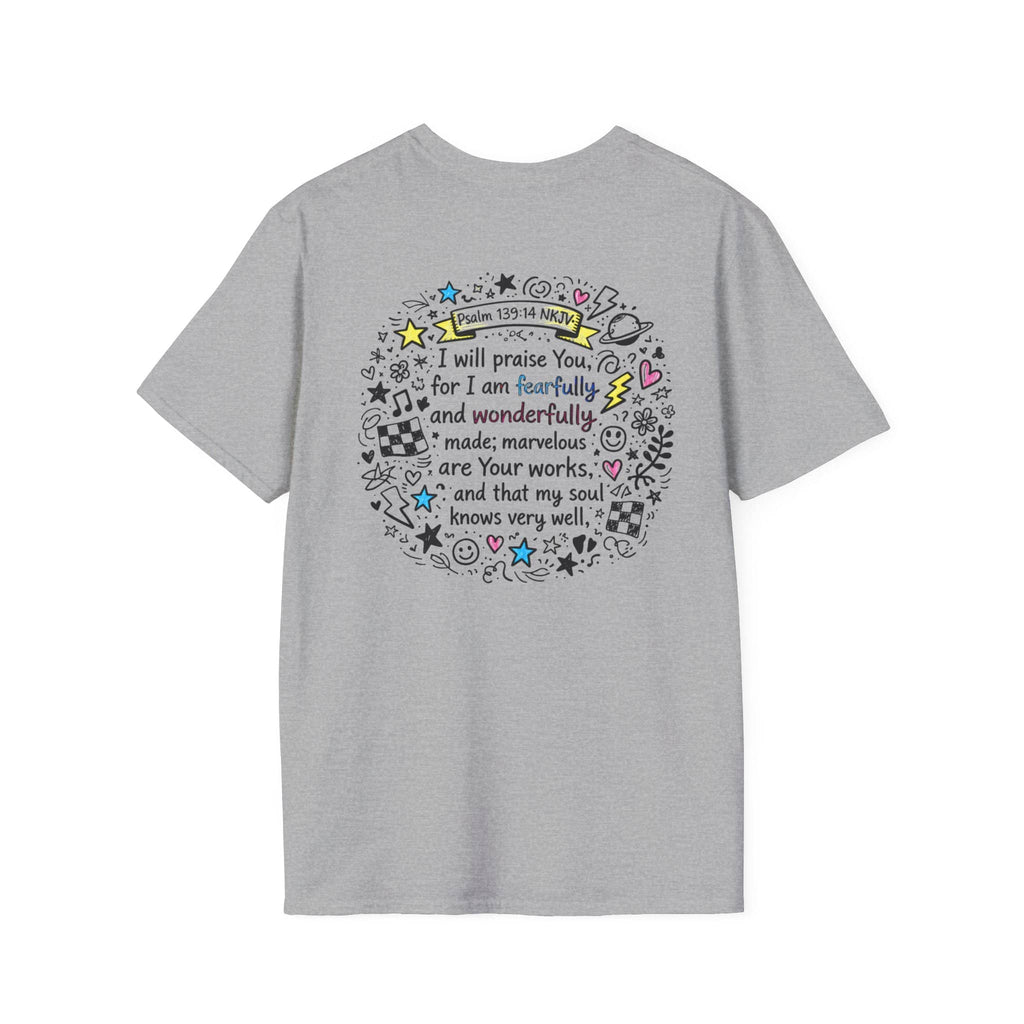 Junior Girls Cross Doodle Tee Fearfully & Wonderfully Made T-Shirt in gray with back view displaying scripture