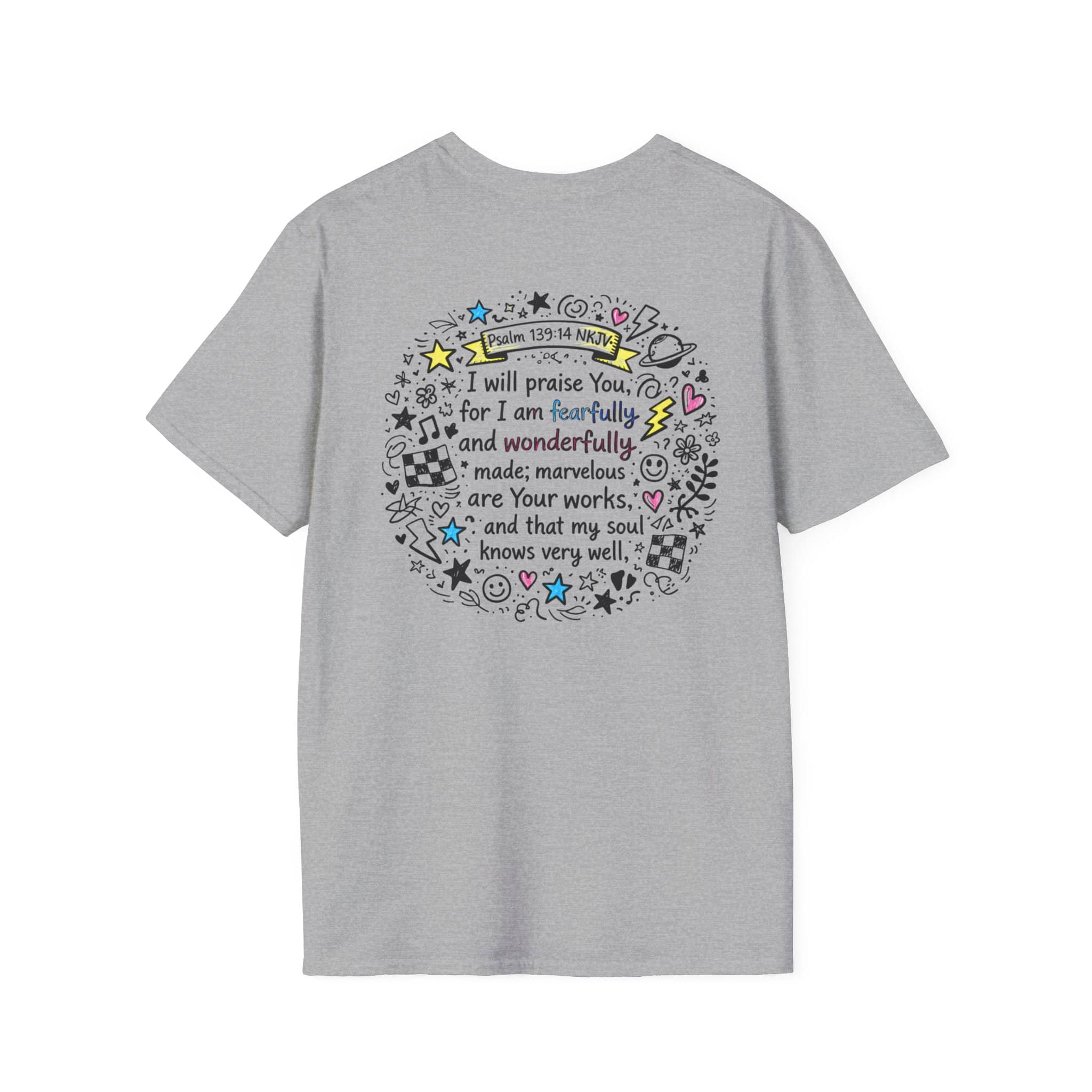 Junior Girls Cross Doodle Tee Fearfully & Wonderfully Made T-Shirt in gray with back view displaying scripture