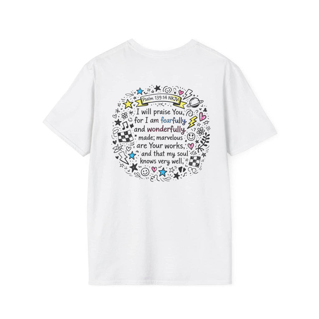 Junior Girls Cross Doodle Tee Fearfully & Wonderfully Made T-Shirt white with back print featuring Psalm 139:14