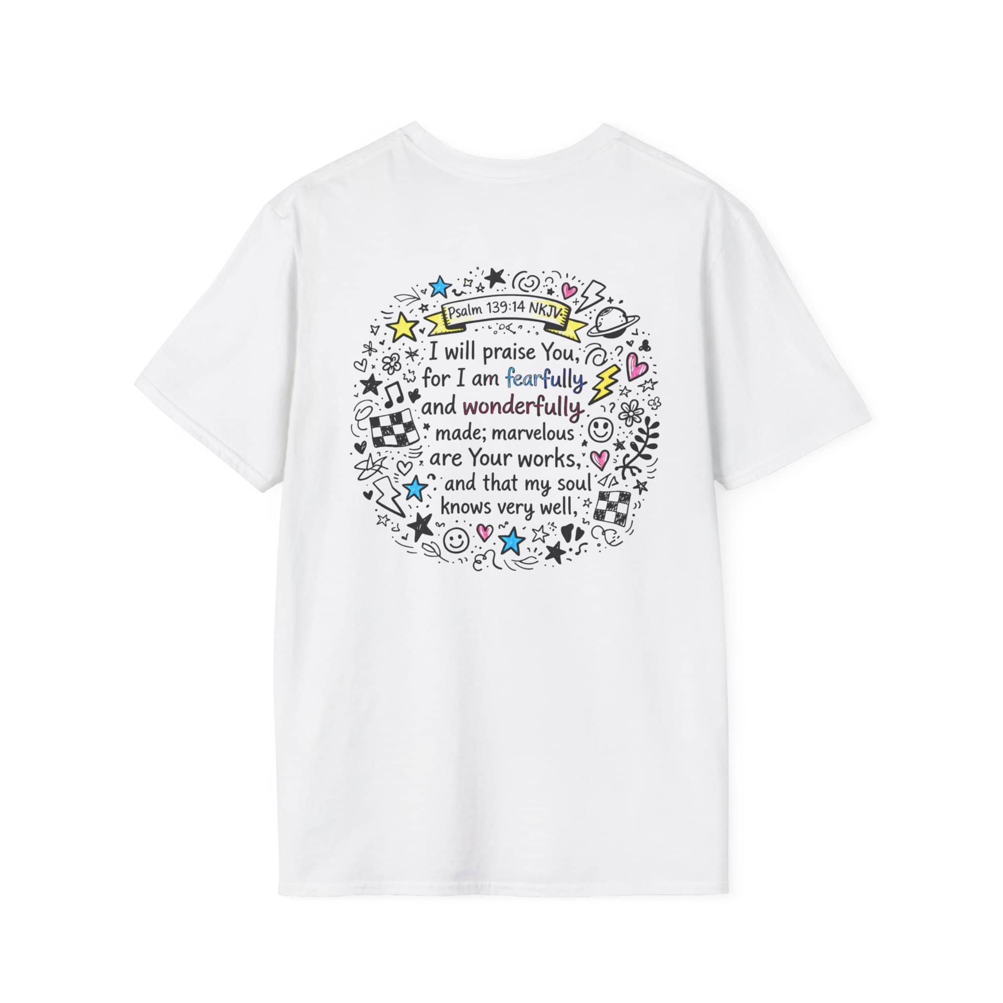 Junior Girls Cross Doodle Tee Fearfully & Wonderfully Made T-Shirt white with back print featuring Psalm 139:14