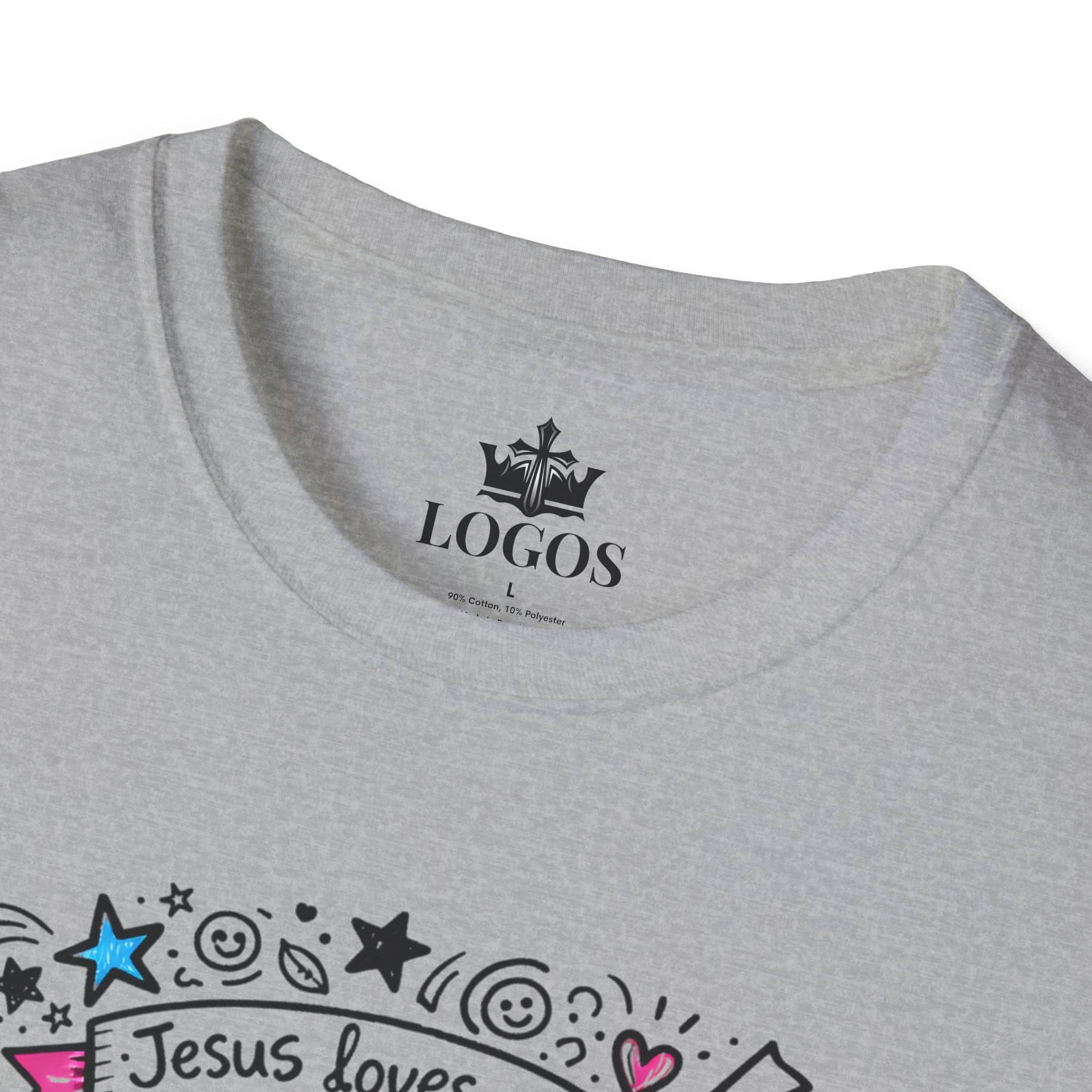 Junior Girls Cross Doodle Tee Fearfully & Wonderfully Made T-Shirt in light gray, front view with colorful doodles