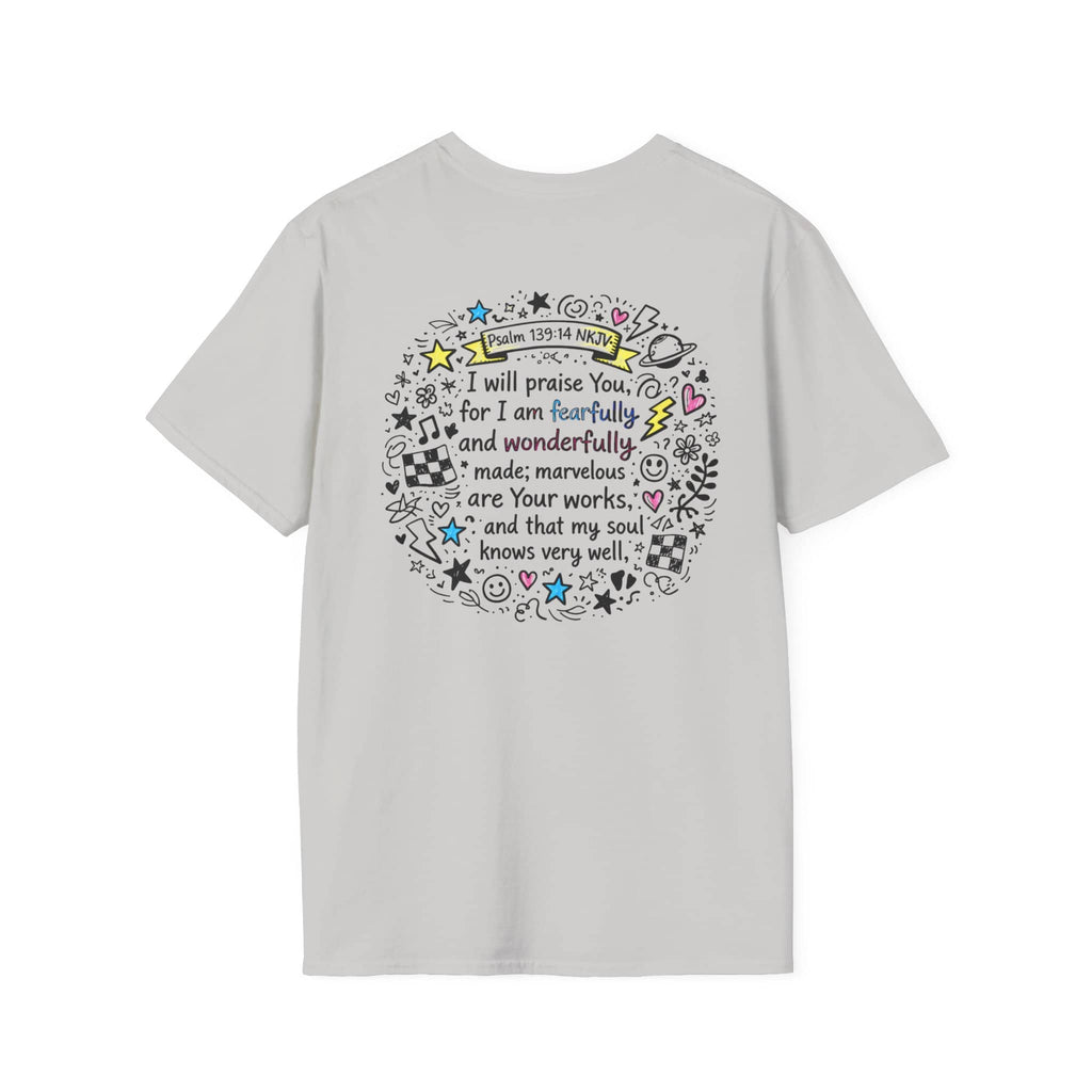 Junior Girls Cross Doodle Tee Fearfully & Wonderfully Made T-Shirt in light gray with back design featuring scripture