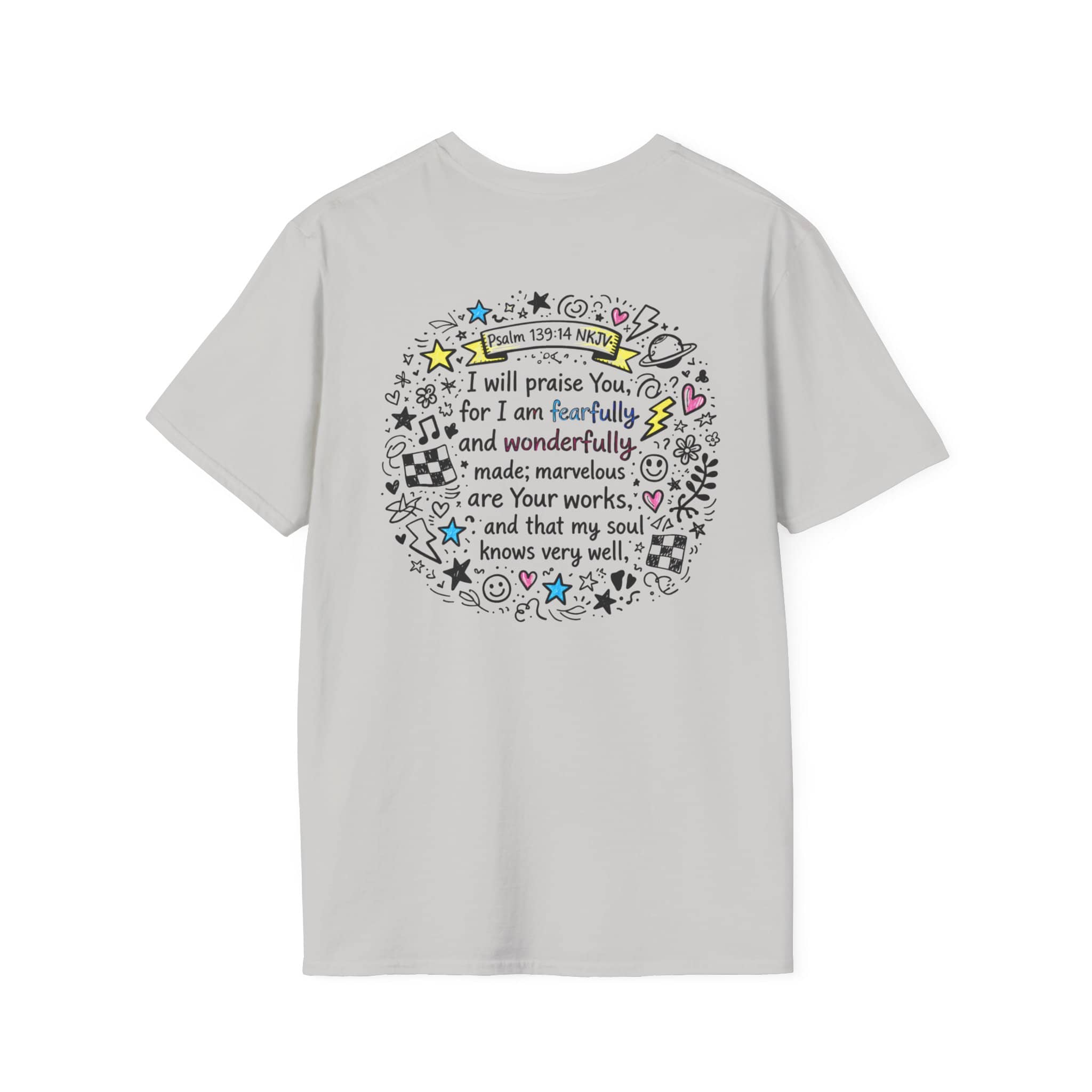 Junior Girls Cross Doodle Tee Fearfully & Wonderfully Made T-Shirt in light gray with back design featuring scripture