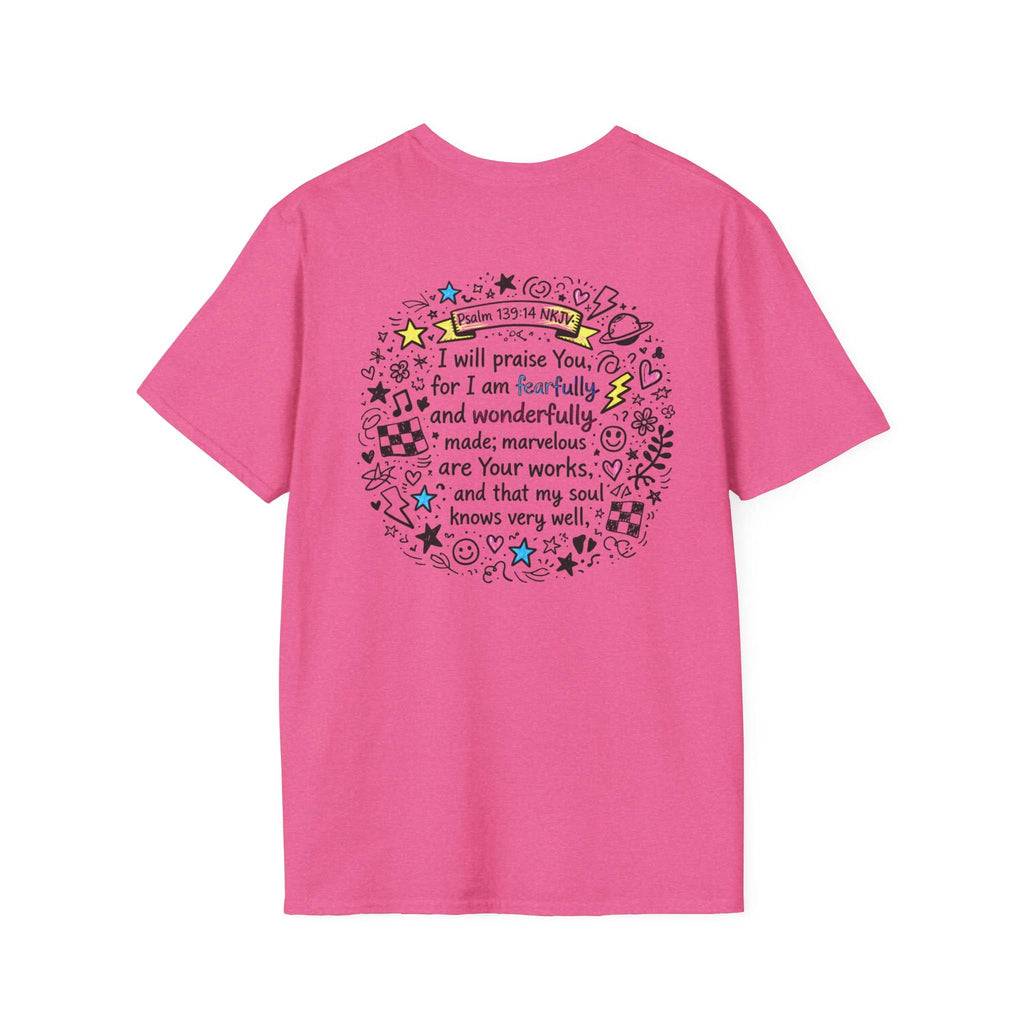 Junior Girls Cross Doodle Tee Fearfully & Wonderfully Made T-Shirt in pink with back design featuring scripture