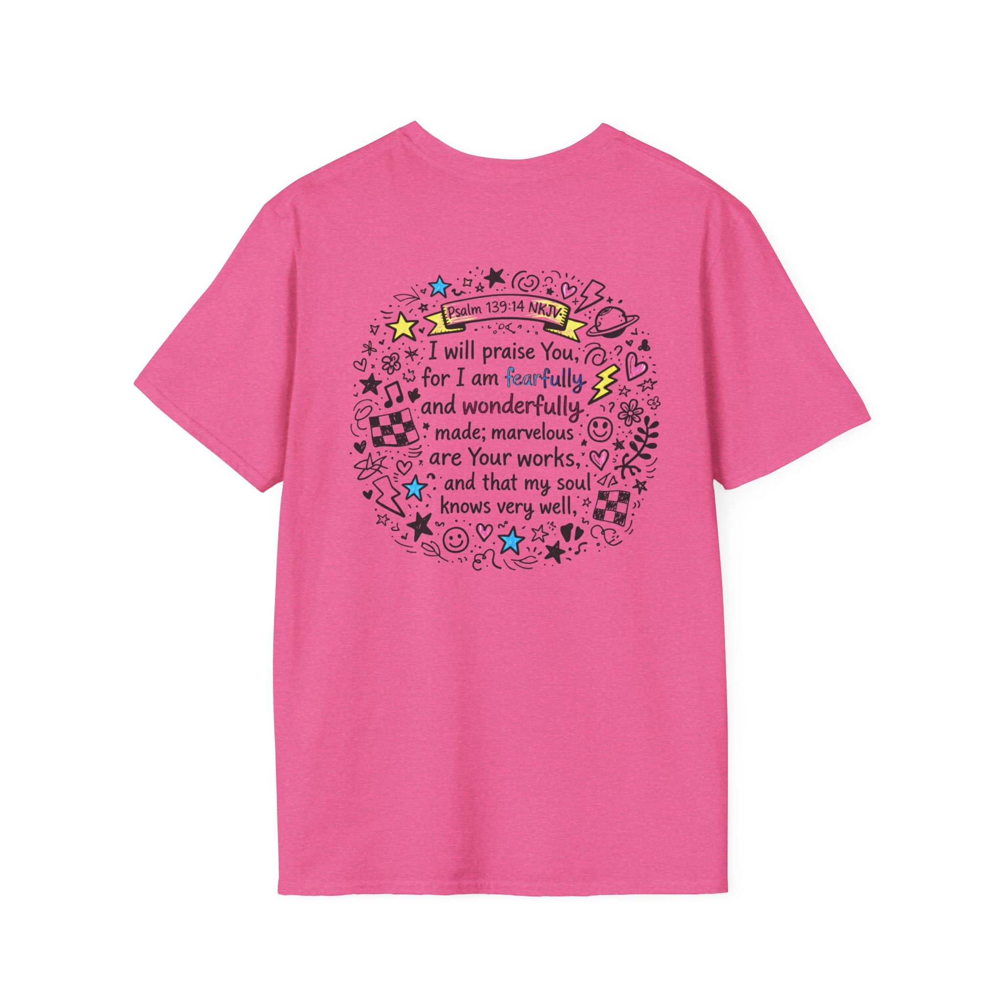 Junior Girls Cross Doodle Tee Fearfully & Wonderfully Made T-Shirt in pink with back design featuring scripture