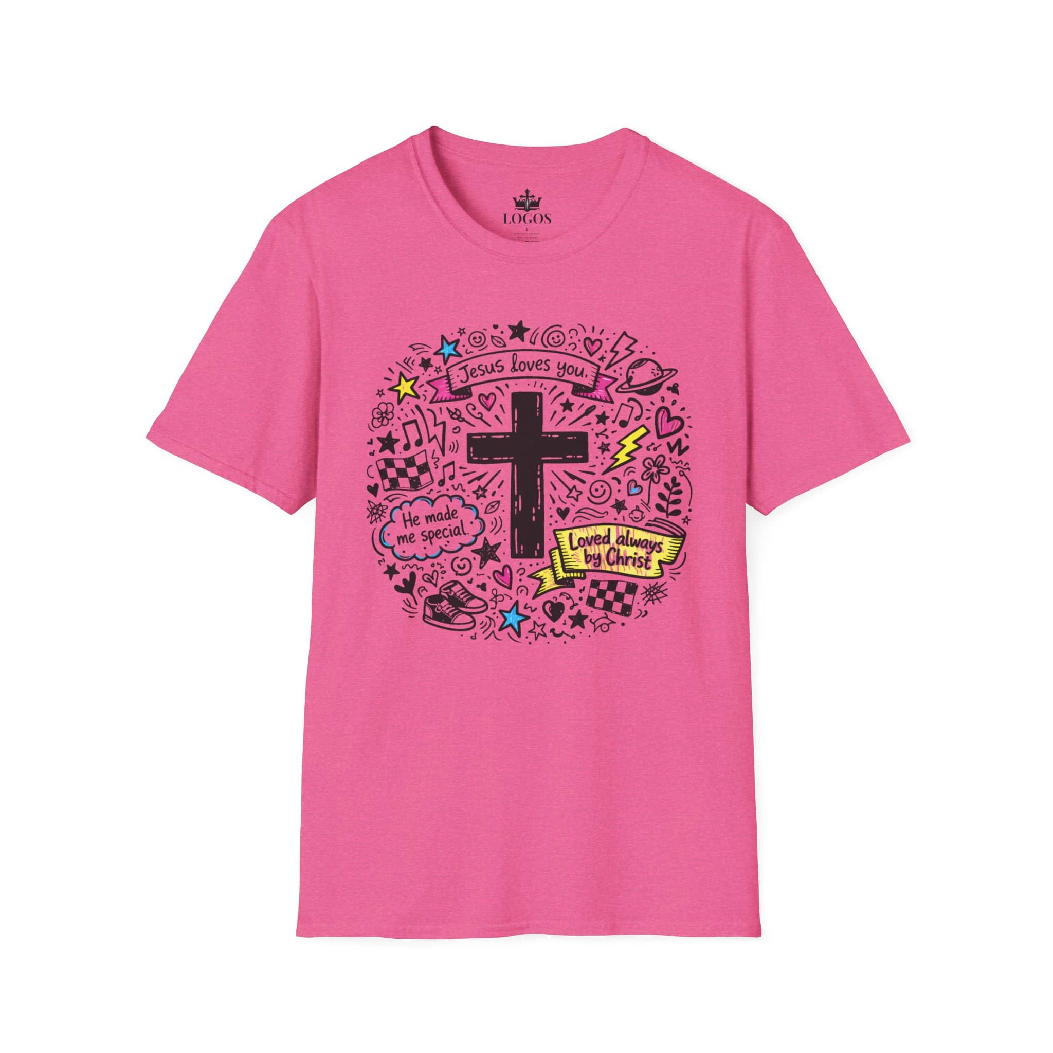 Junior Girls Cross Doodle Tee Fearfully & Wonderfully Made T-Shirt in pink, featuring a colorful cross design on the front