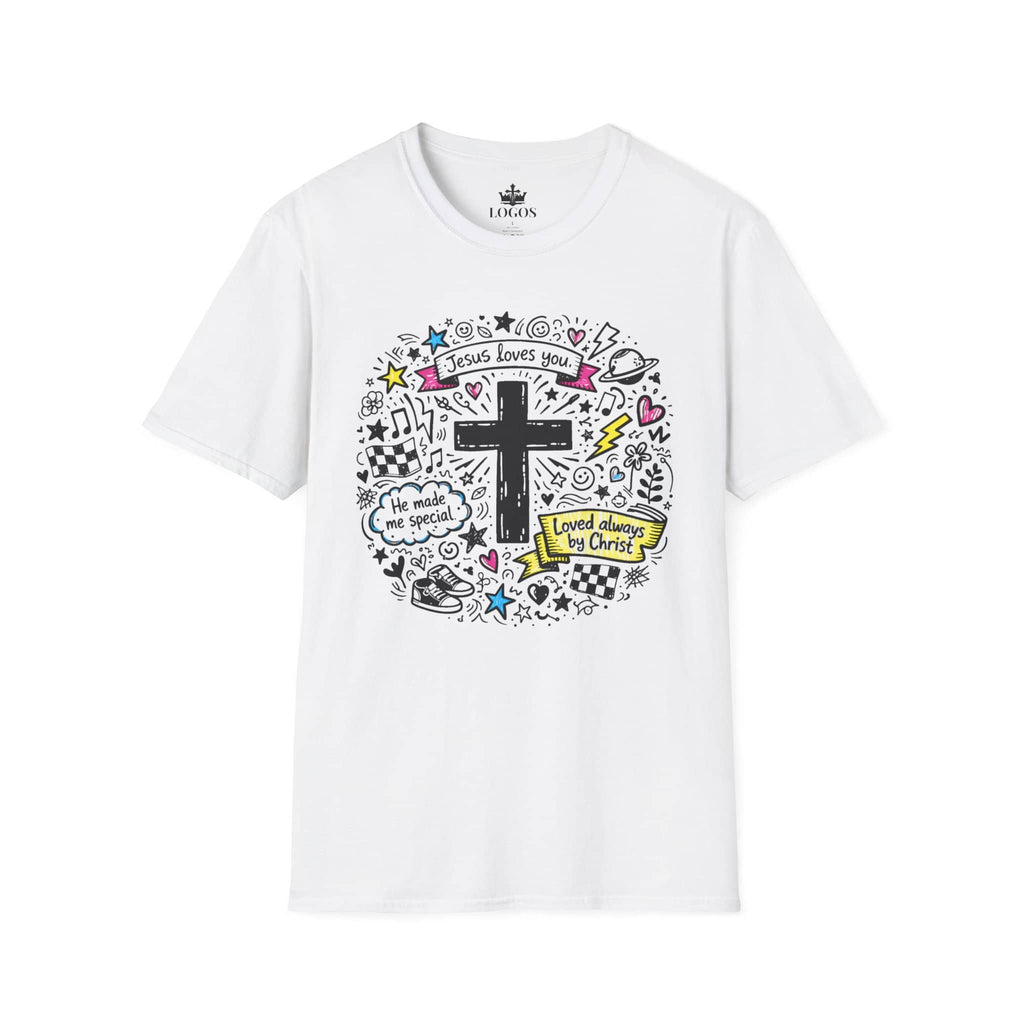 Junior Girls Cross Doodle Tee Fearfully & Wonderfully Made T-Shirt in white, featuring colorful doodles and a cross design, front view