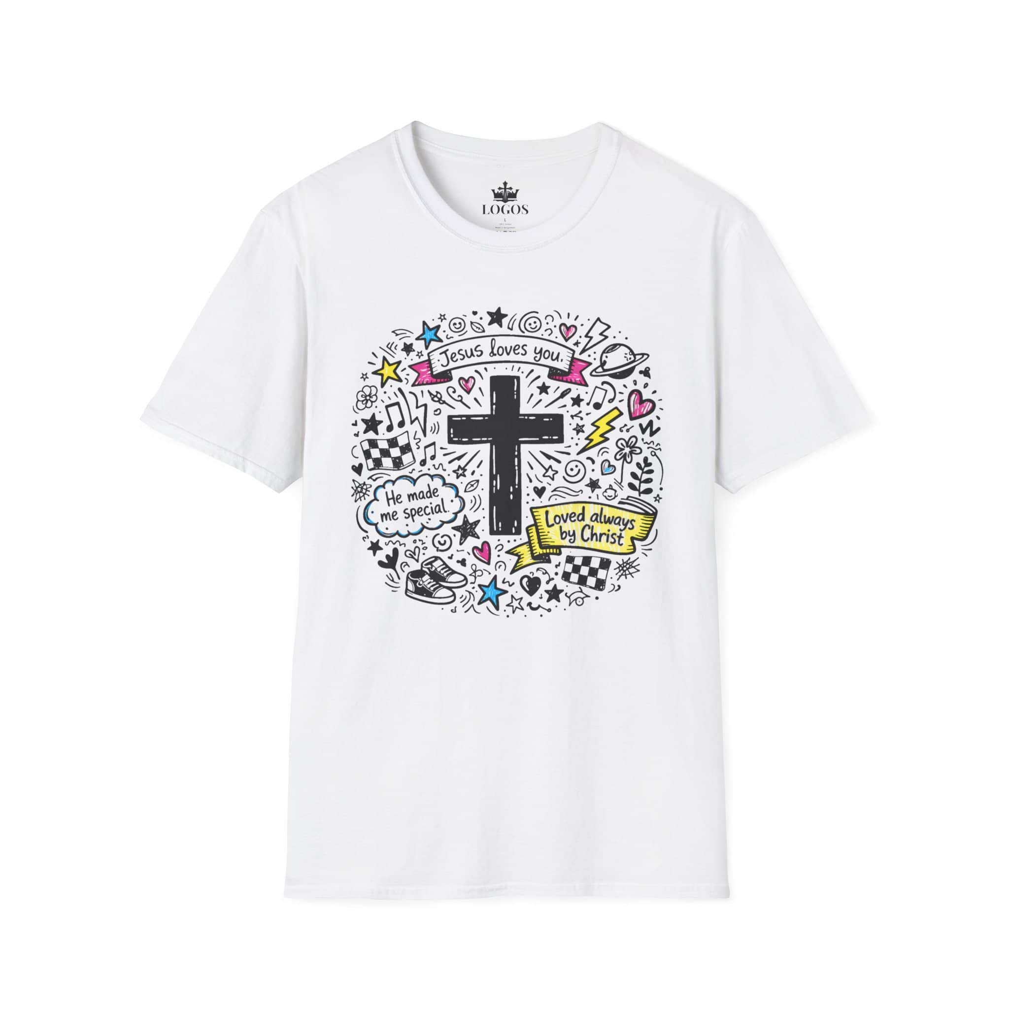 Junior Girls Cross Doodle Tee Fearfully & Wonderfully Made T-Shirt in white, featuring colorful doodles and a cross design, front view