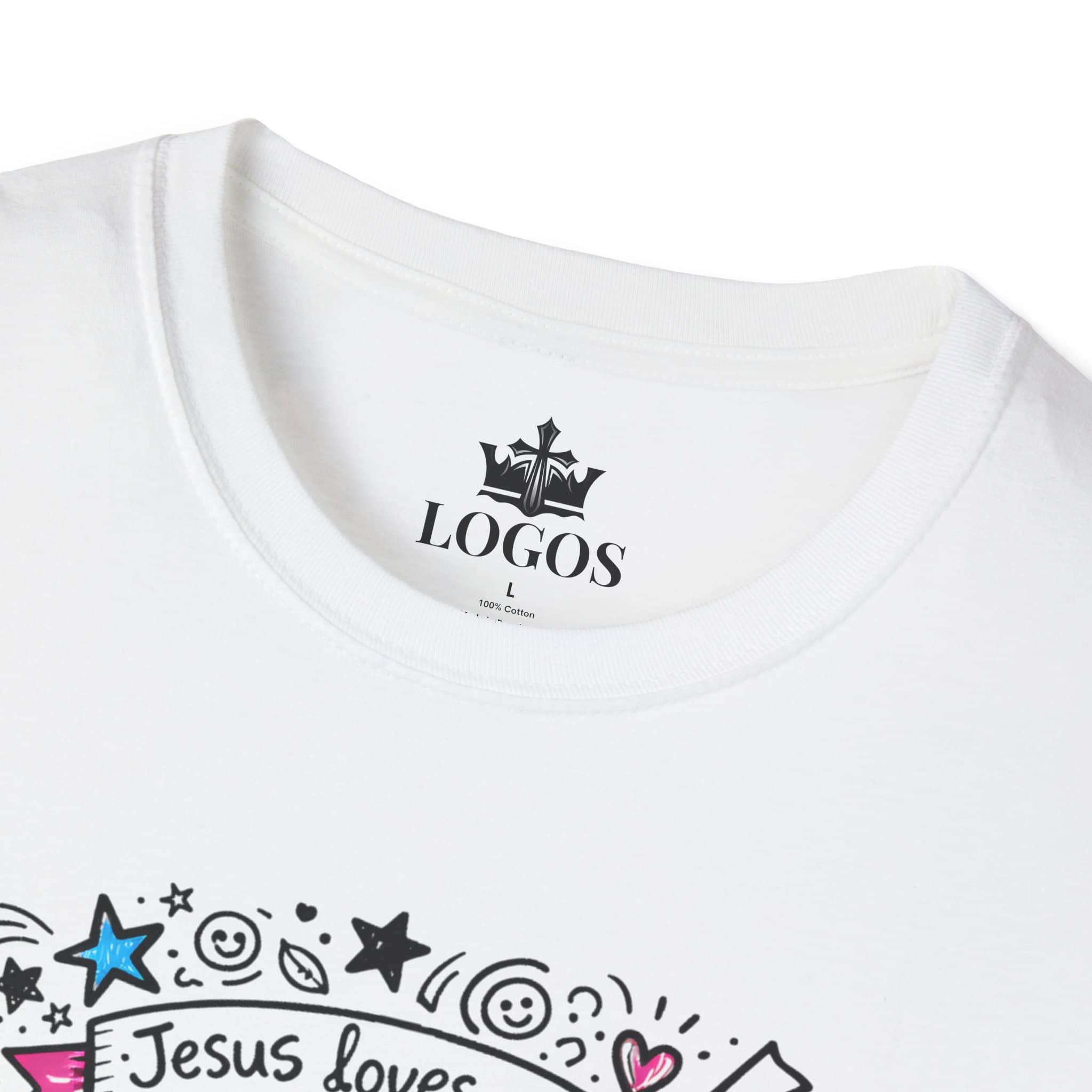 Junior Girls Cross Doodle Tee Fearfully & Wonderfully Made T-Shirt in white, featuring colorful doodles, front view