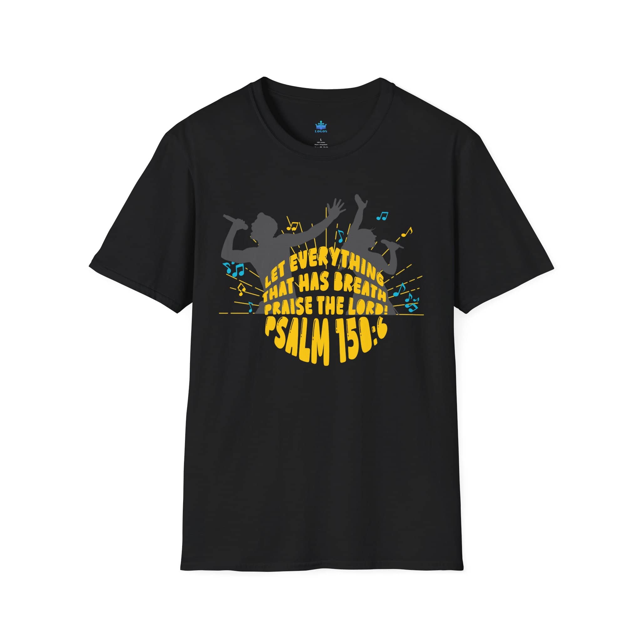 Junior Girls Psalm 150:6 T-Shirt in Black featuring joyful music design on the front