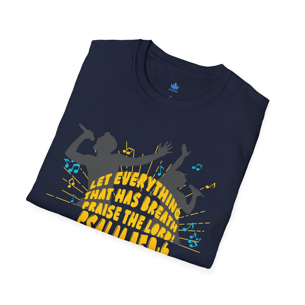 Junior Girls Psalm 150:6 T-Shirt in navy featuring vibrant singing figures and inspirational text on the front