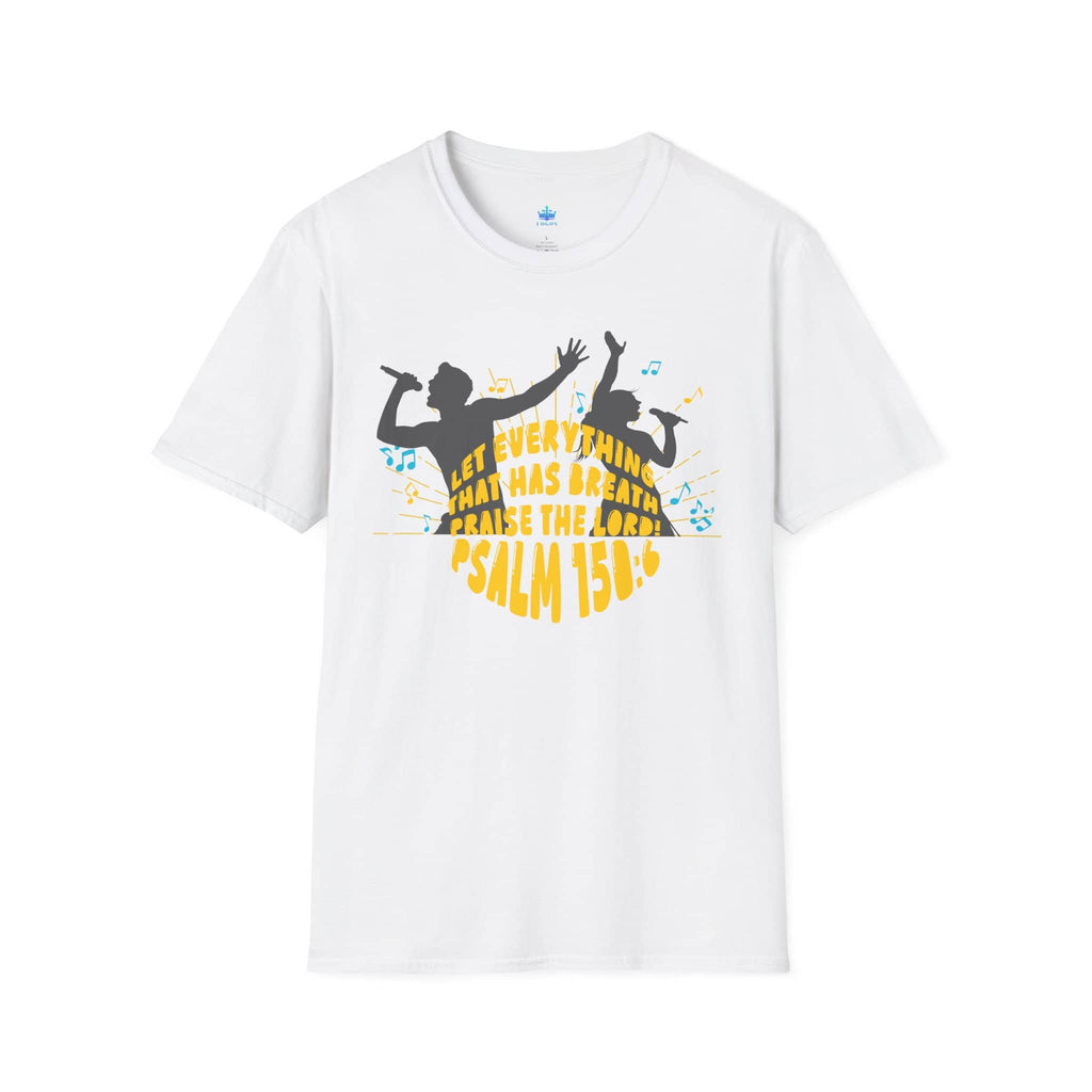 Junior Girls Psalm 150:6 T-Shirt in white featuring a music-themed design on the front