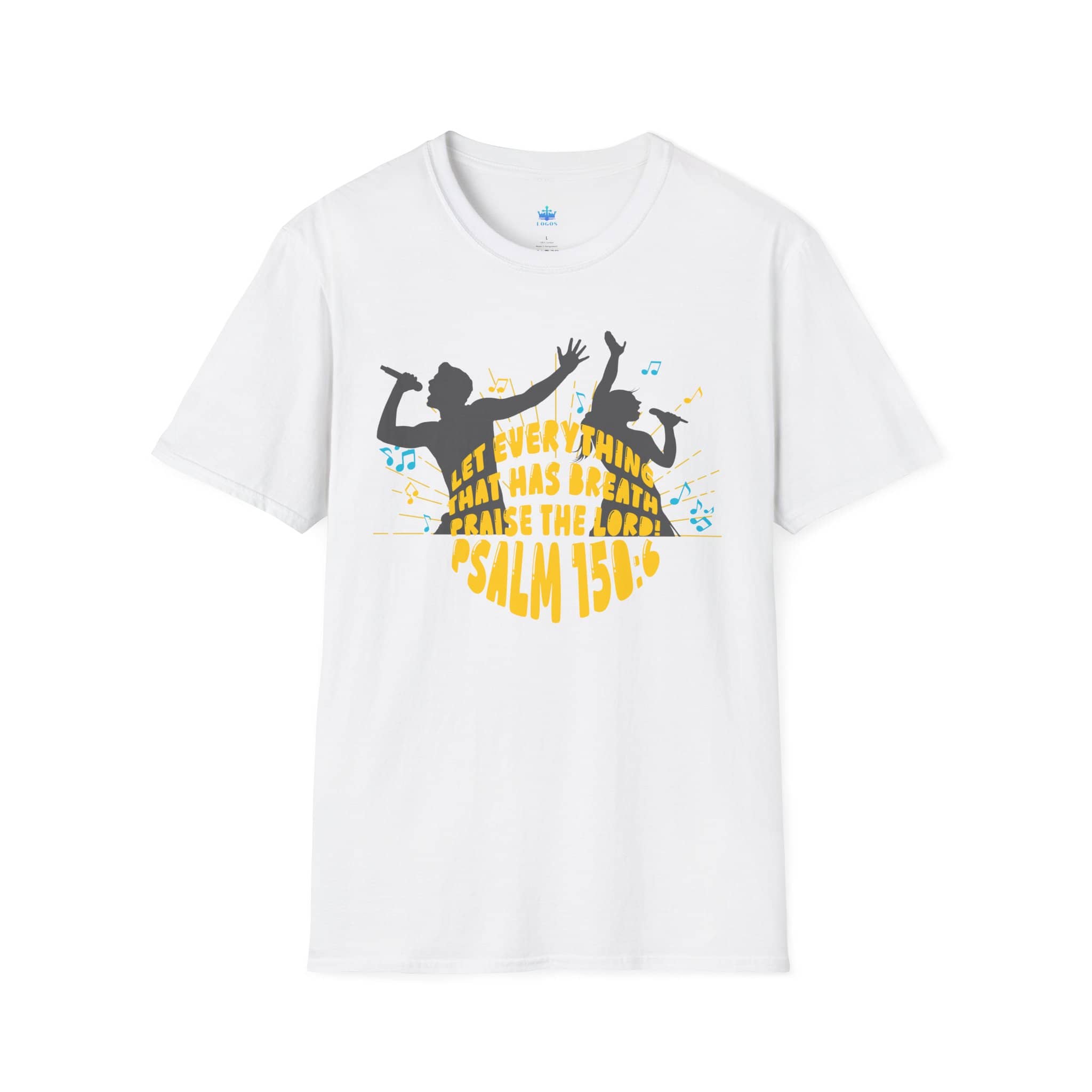 Junior Girls Psalm 150:6 T-Shirt in white featuring a music-themed design on the front