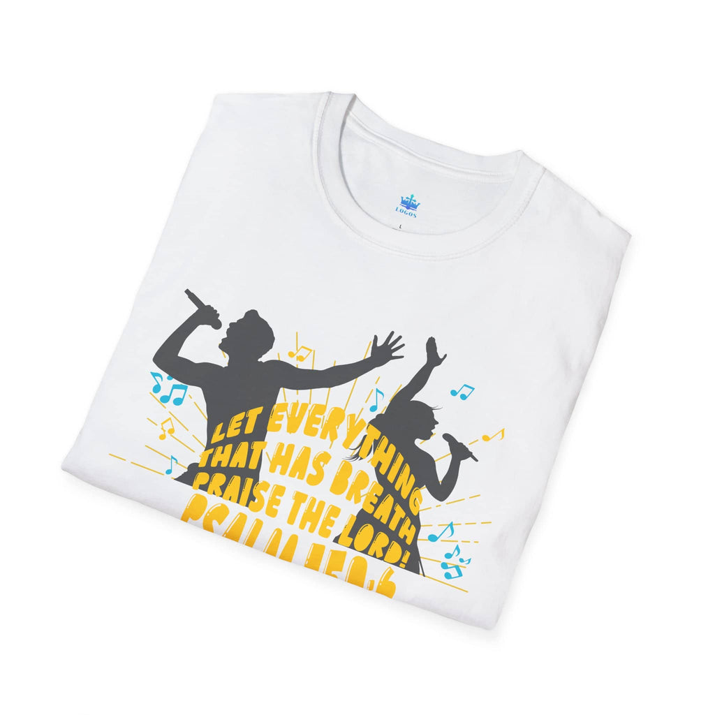 Junior Girls Psalm 150:6 White T-Shirt featuring singers and musical notes on the front