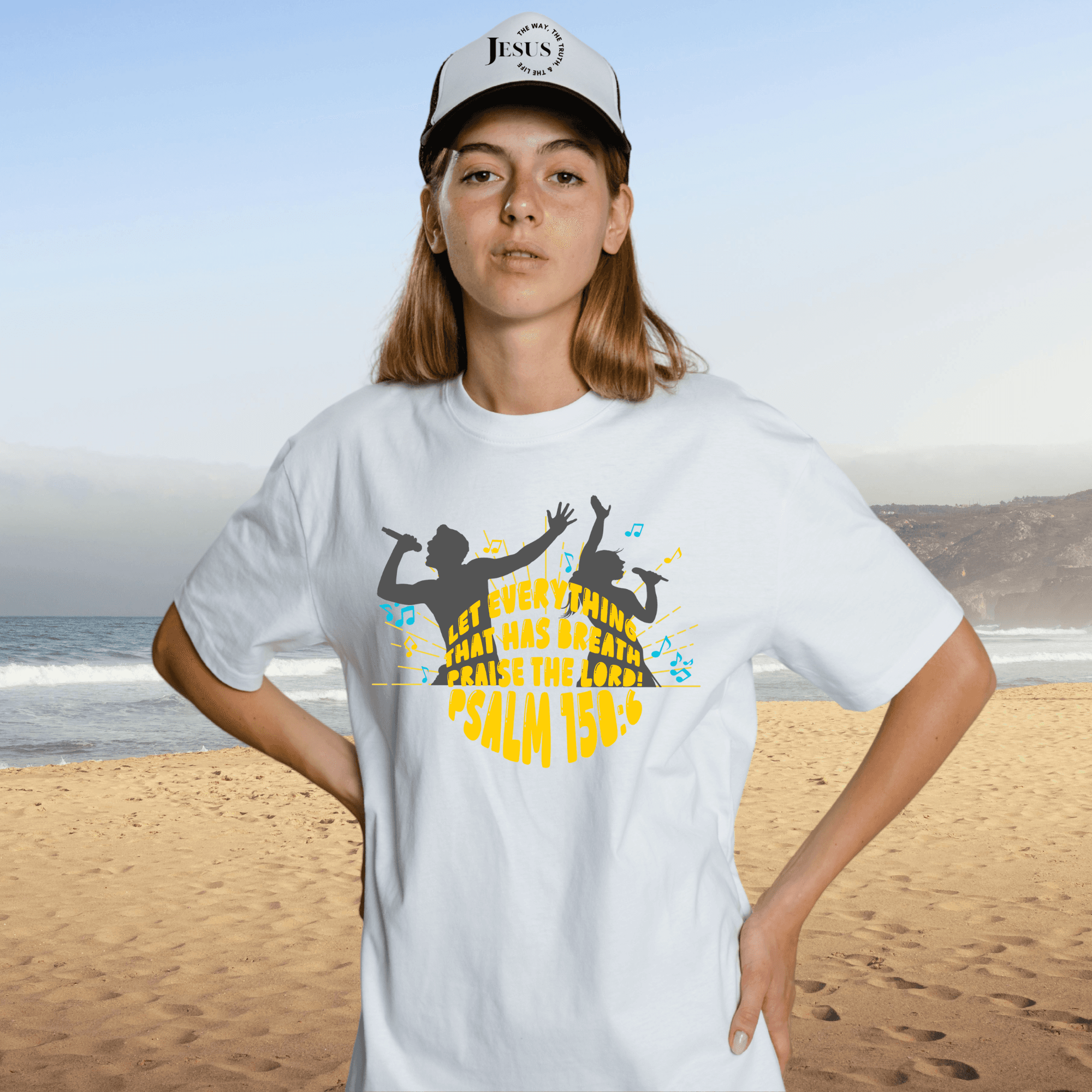 Junior Girls Psalm 150:6 T-Shirt in white with front graphic design of singing figures