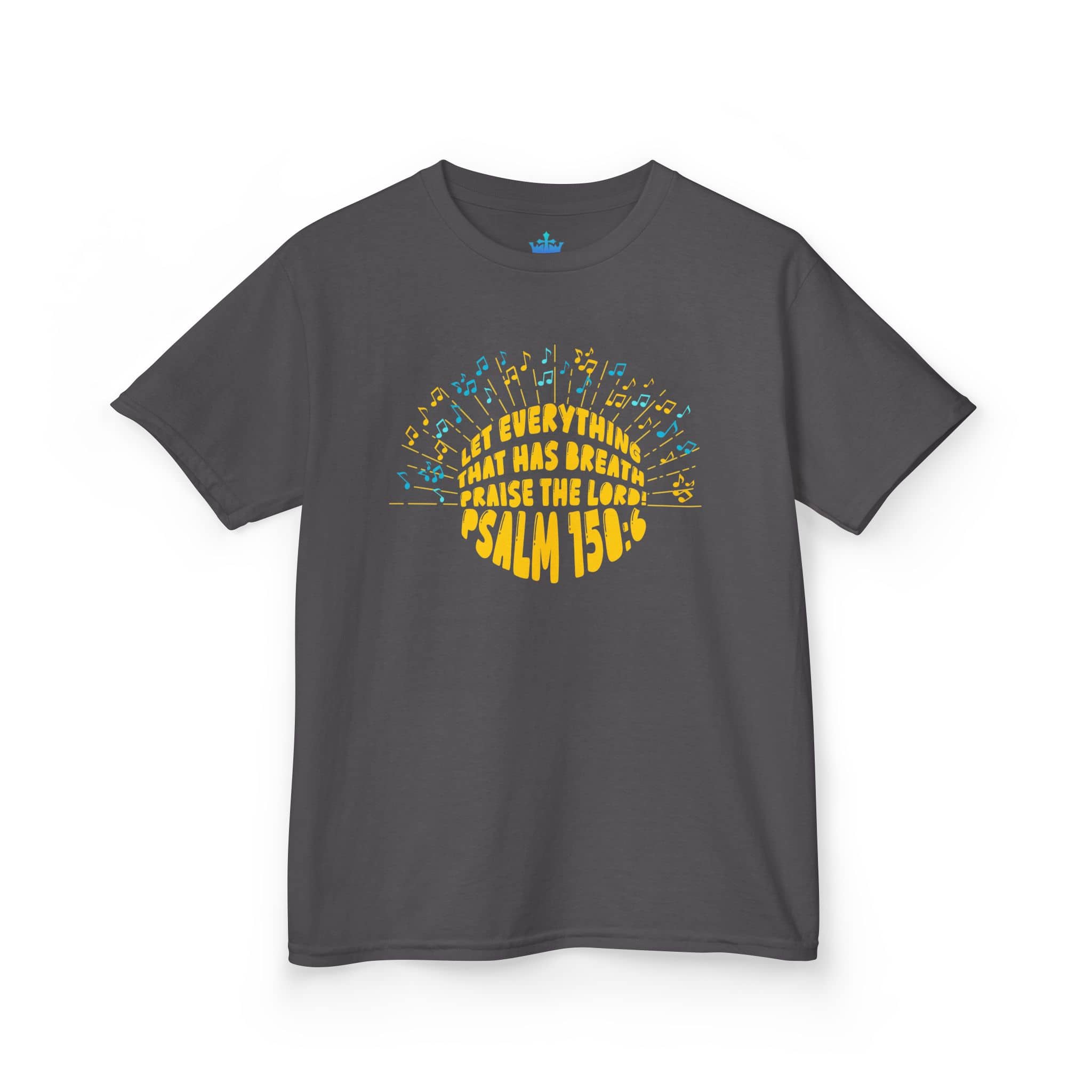 Kids Tee Let Everything That Has Breath Praise The Lord in gray with colorful graphic on front