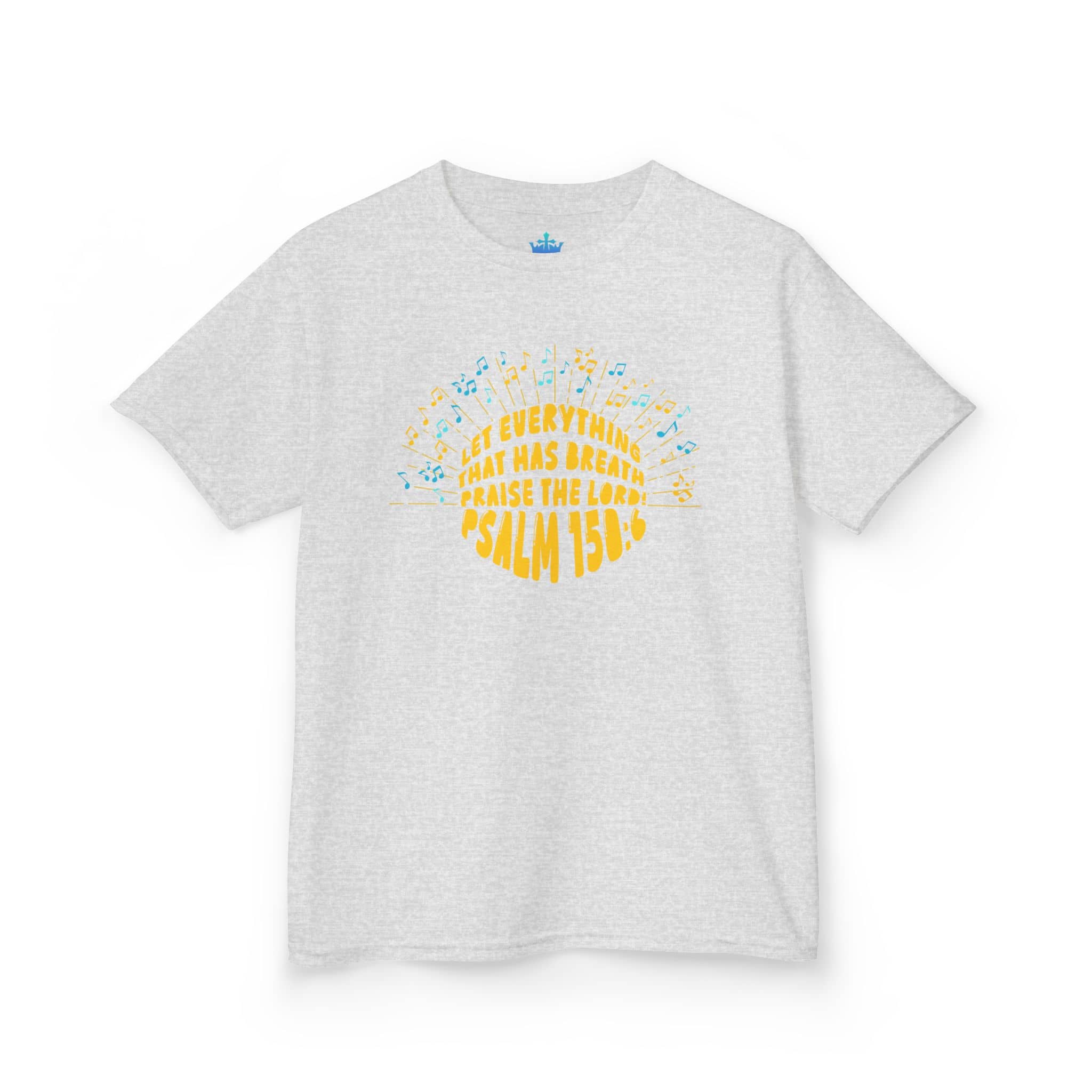Kids Tee Let Everything That Has Breath Praise in light gray with colorful print, front view