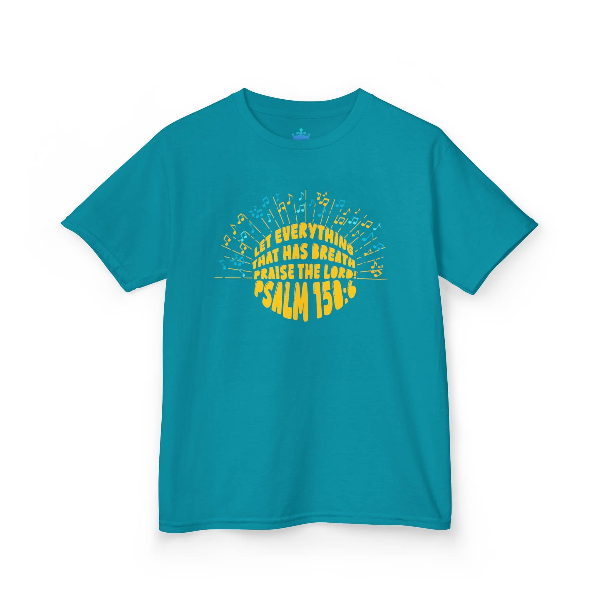 Kids Tee Let Everything That Has Breath Praise in bright turquoise with front view design