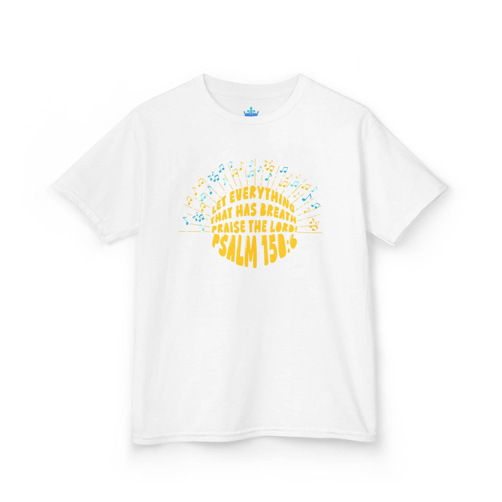 Kids Tee Let Everything That Has Breath Praise in white with colorful musical notes, front view