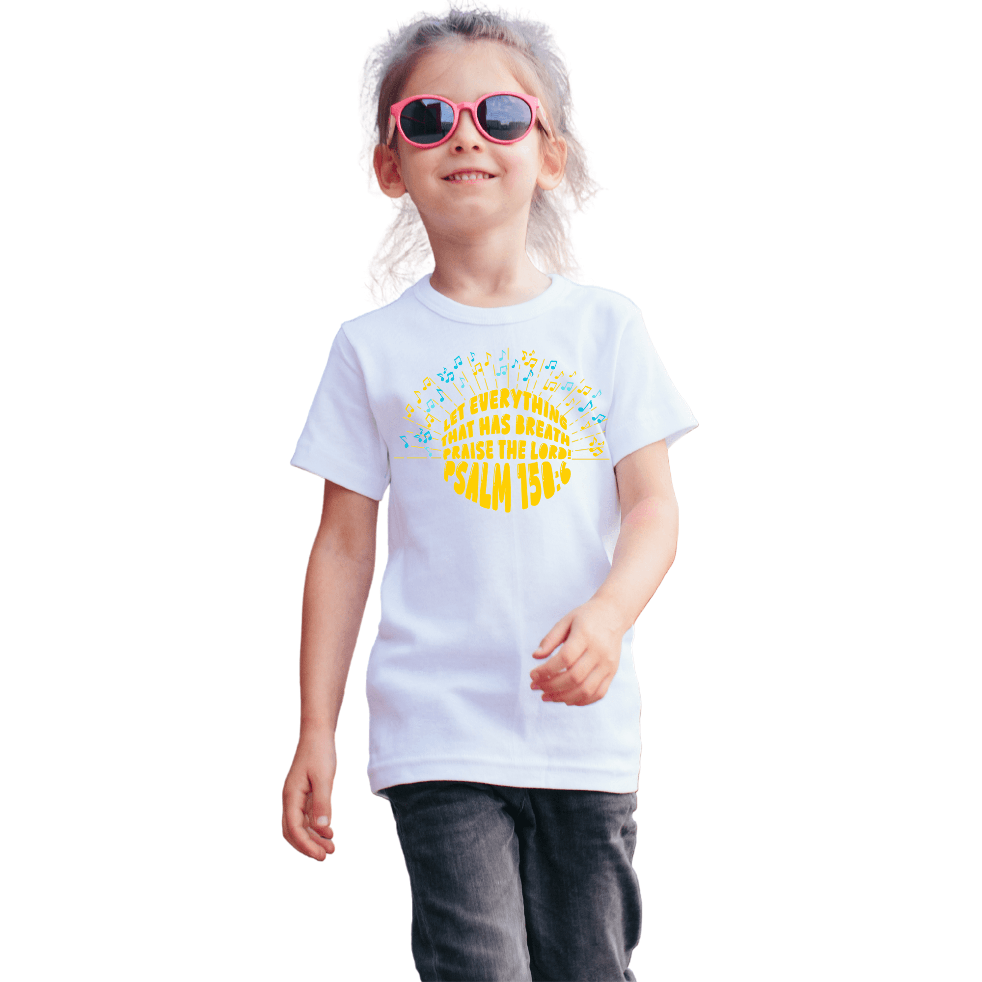 Kids Tee Let Everything That Has Breath Praise in white, front view with a happy child wearing sunglasses