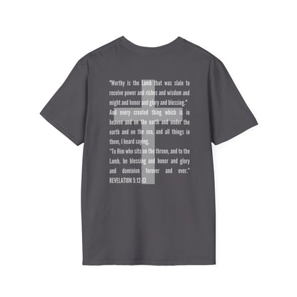 Gray Lamb Of God Christian Scripture T-Shirt with white biblical text from Revelation 5:12-13 on the back