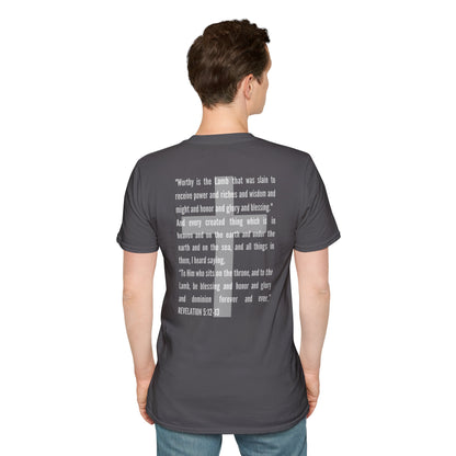 Back view of Lamb Of God Christian Scripture T-Shirt in gray with Bible verse print from Revelation 5:12-13 