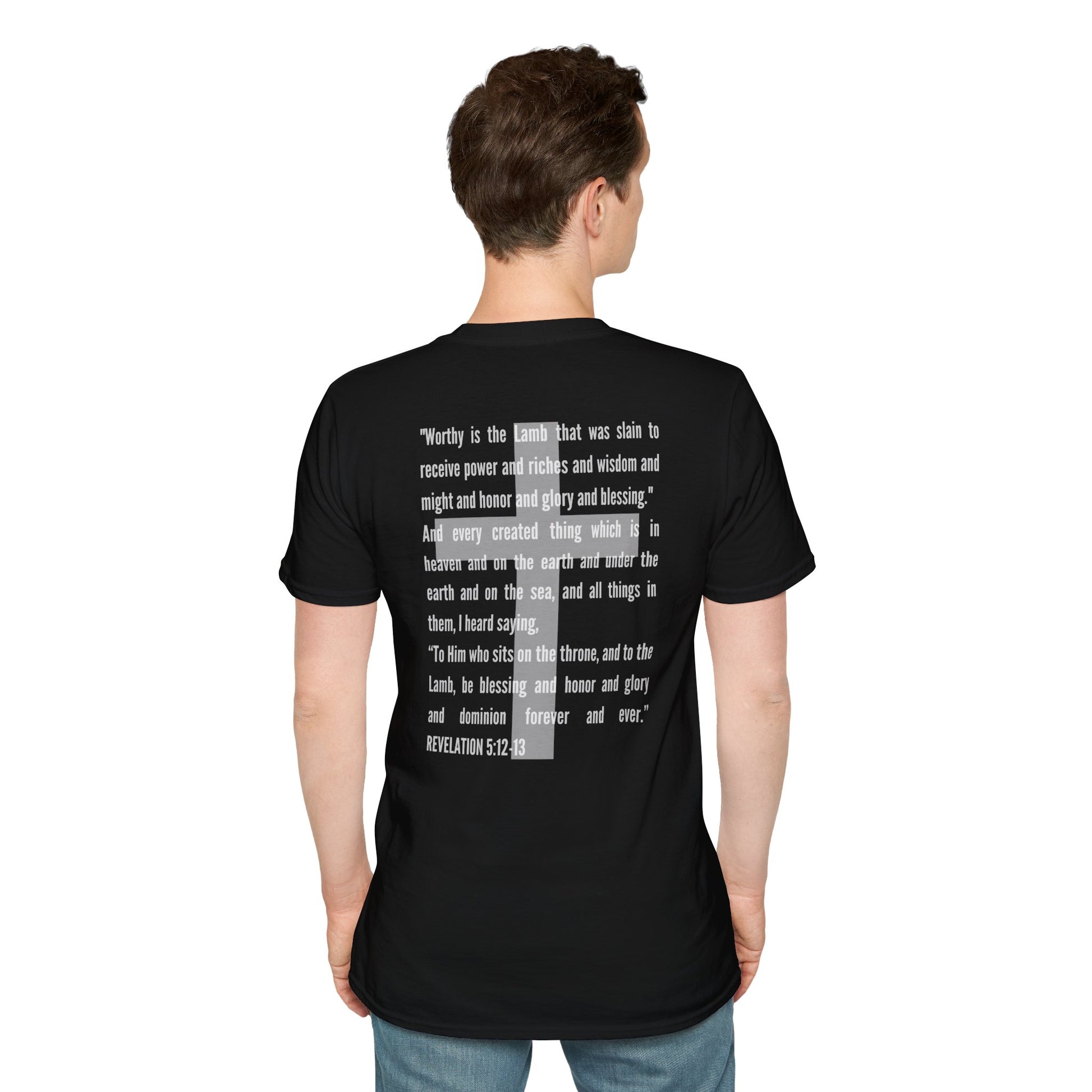 Black Lamb Of God Christian Scripture T-Shirt by Logos with white Bible verse text on back