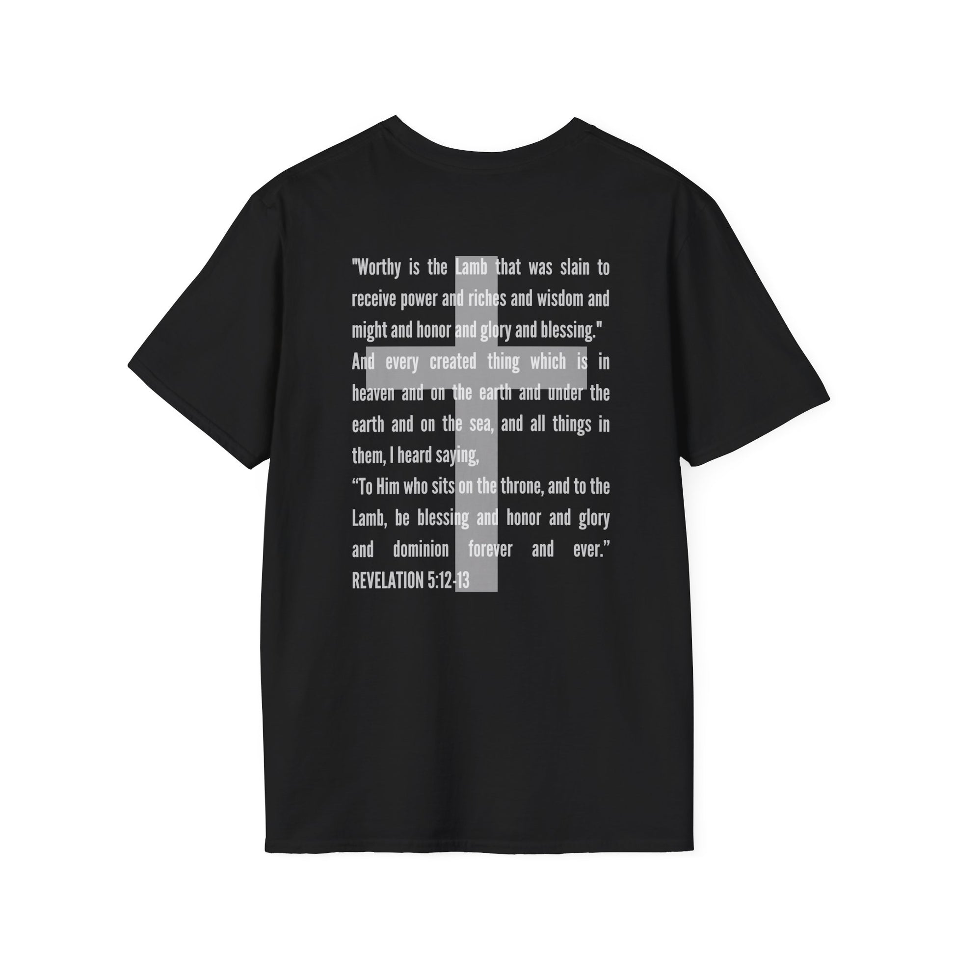 Black Lamb Of God Christian Scripture T-Shirt with white biblical text from Revelation 5 12-13