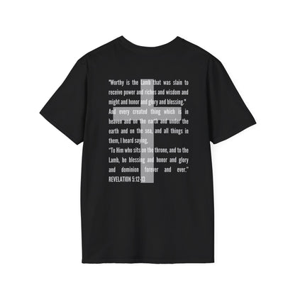 Black Lamb Of God Christian Scripture T-Shirt with white biblical text from Revelation 5 12-13